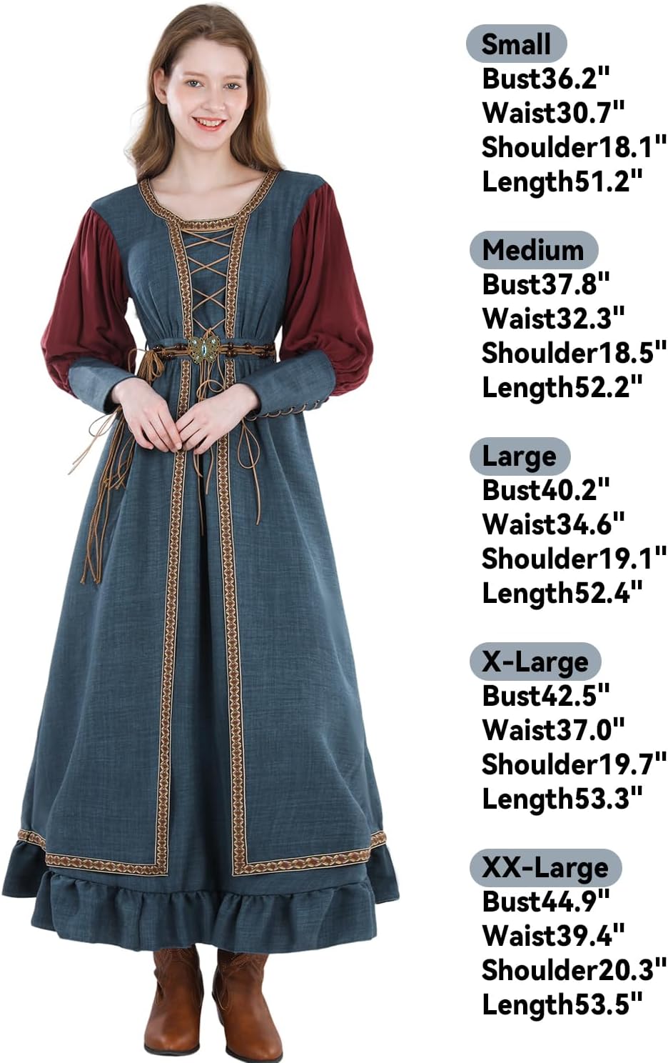 FCCAM Medieval Dress for Women Blue Long Sleeve Peasant Renaissance Costume with Vintage Belt - Image 3