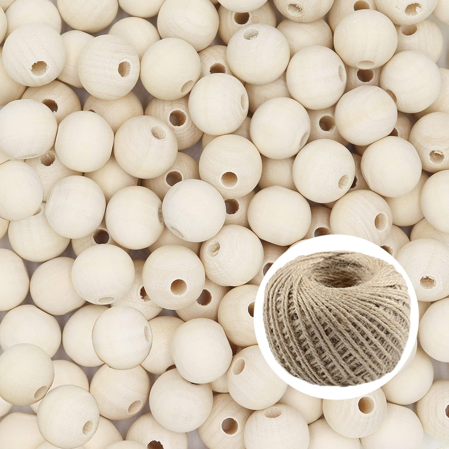 Wood Beads THYSSEN 400pcs 16mm Natural Round Wooden Beads Unfinished Wooden Loose Spacer Beads with 20m Jute Twine for Making Home Farmhouse Decoration and DIY Crafts 16mm*400pcs
