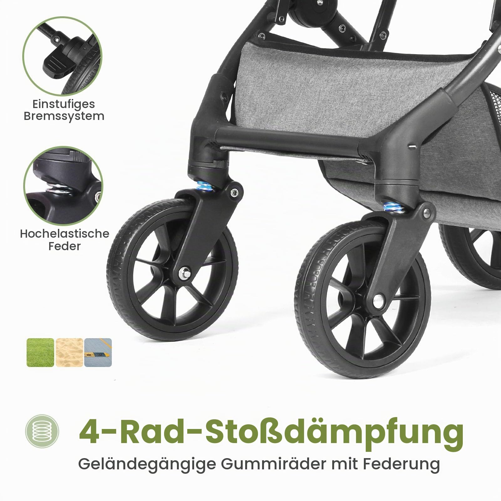 Faltbar Kinder-Buggy Kinderwagen, Regulierbarer 5-Punkt-Sicherheitsgurt, Zusammenklappen mit einer Hand, großes Verdeck, Robuster alle 4 Räder gedämpft, geräumige Sitz, Einkaufskorb (Grau)