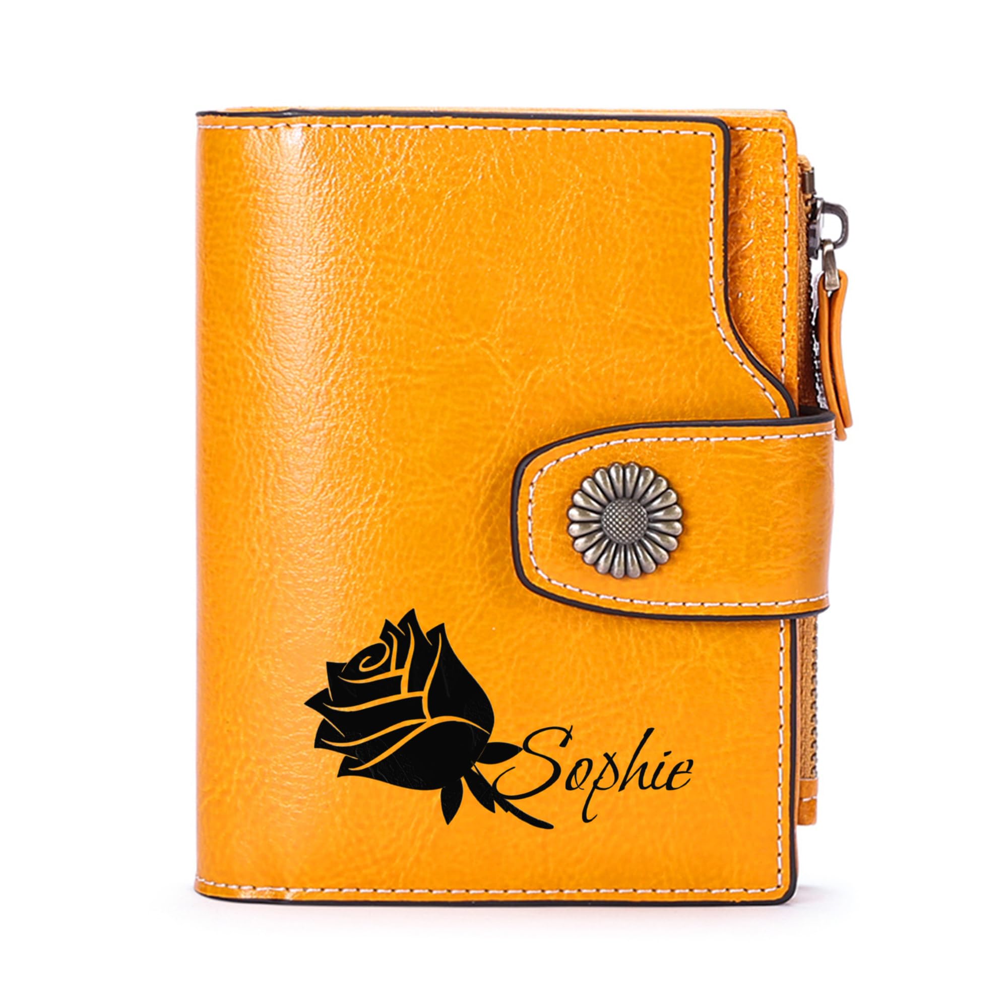 Blireana Personalized Customized Small Wallet,Engraved Name Leather Wallets Bifold Card Holder RFID Blocking with Zipper Coin Pocket Purse For Women (