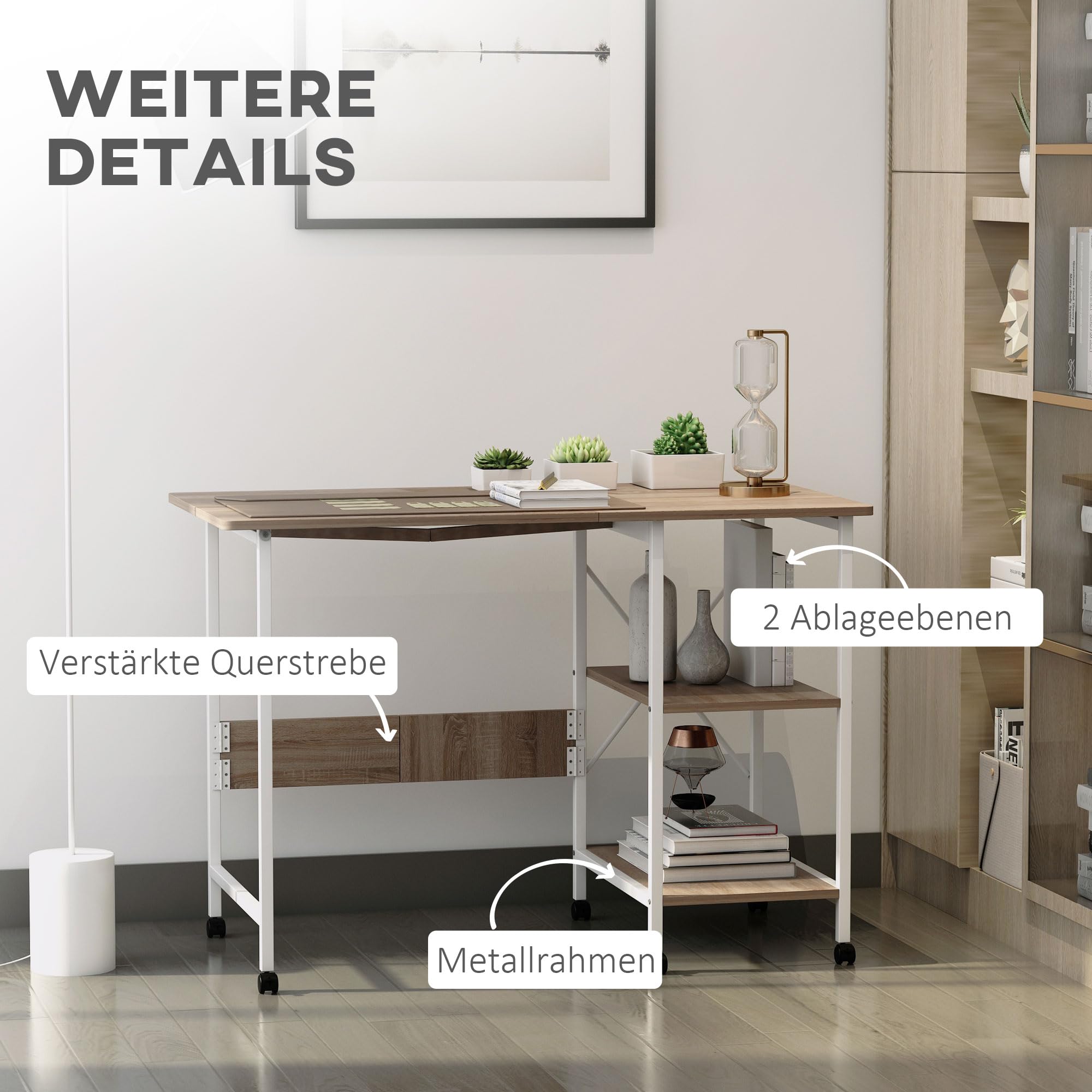 HOMCOM Klapptisch Schreibtisch mit Rollen 107 x 55 x 76 cm Natur