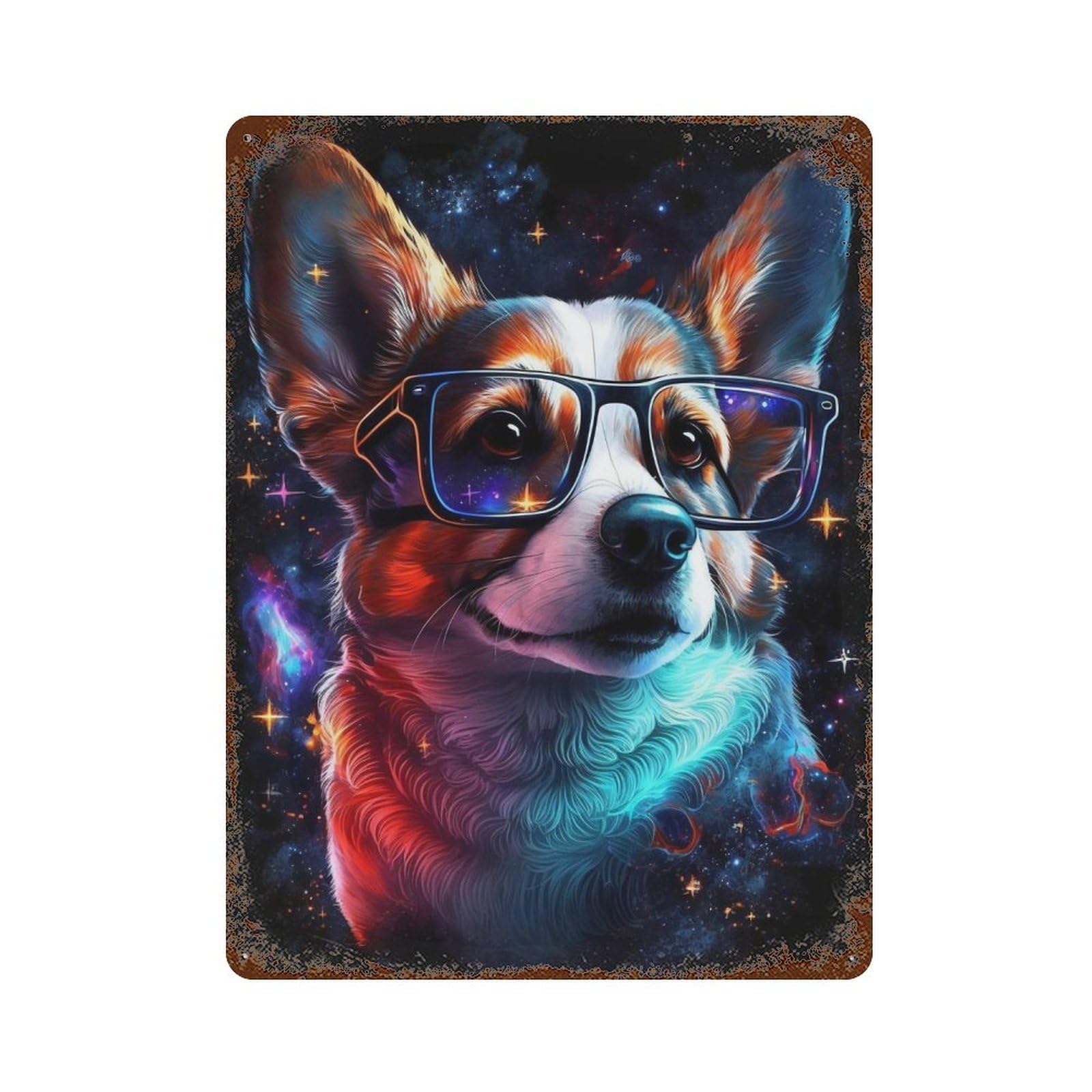 Cosmic Corgi Glasses Art Print-2 15.7"x11.8" Distressed Metal Wall Sign, Shabby Chic Decor for Shed, Workshop And Garage Wall Decor