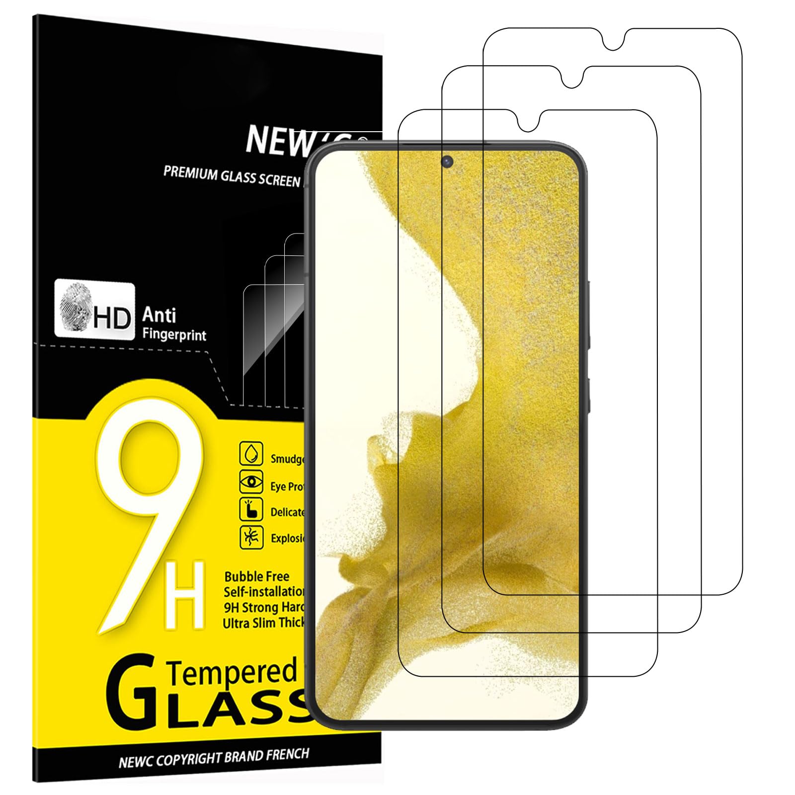 NEW'C Glass Film for Samsung Galaxy S22 Plus, Set of 3, Full Protection Tempered Glass LCD Protective Film, Non-Floating, 9H Hardness, 0.01 inches (0.26 mm)