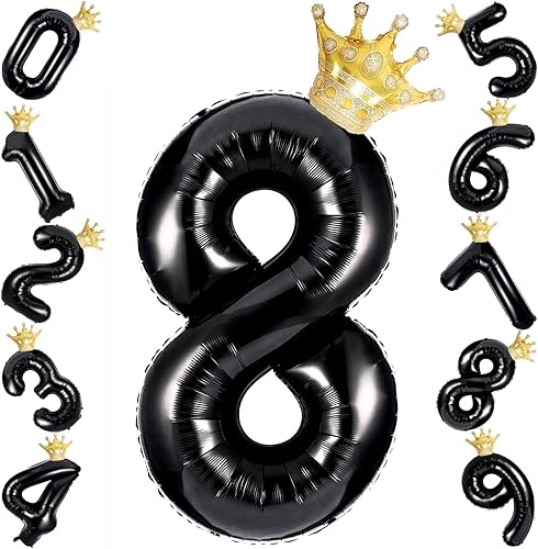 Miniatura 1 de Globos de papel de aluminio negro de 40 pulgadas con corona dorada desmontable, globos de helio Mylar de gran tamaño para fiesta de cumpleaños de 8