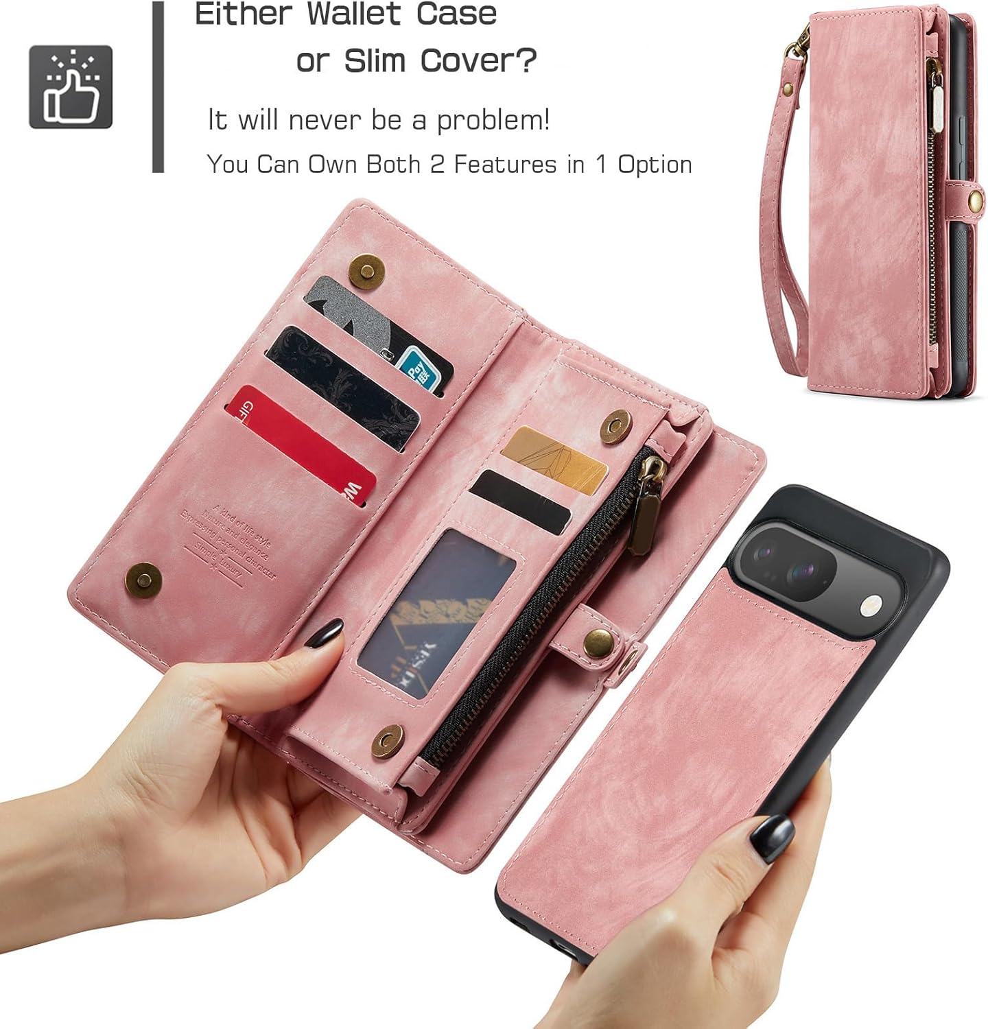 Asuwish Phone Case for Google Pixel 9/9 Pro 5G Zipper Wallet Detachable Cover with Tempered Glass Screen Protector and Leather Flip Credit Card Holder Cell Accessories Pixel9 9Pro Nine Women Men Pink