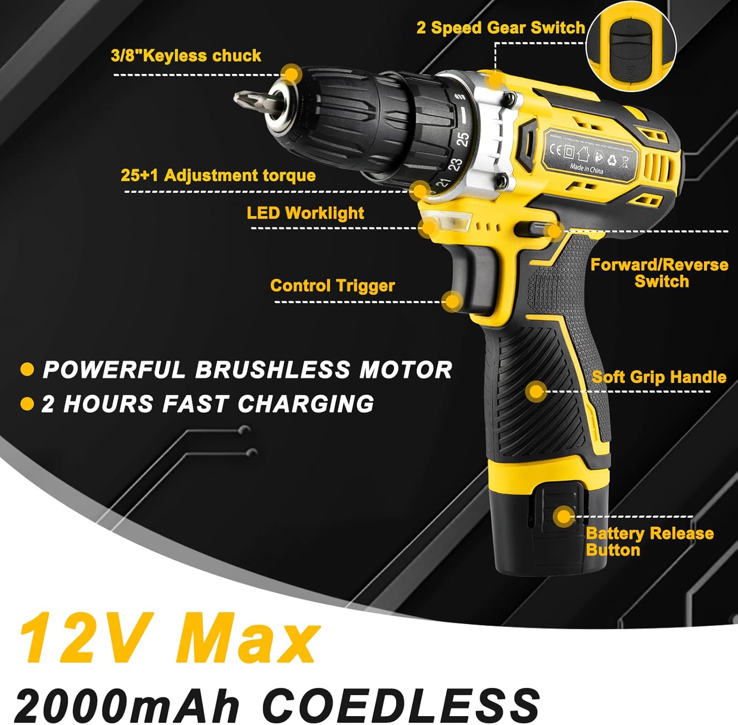 TLGREEN Complete Home Tool Kit with 12V Cordless Drill & Magnetic Bits | 138Pcs All-in-One Set for DIY, Repairs & Assembly | Durable Case & Fast Charging | Ideal for New Homeowners | Yellow