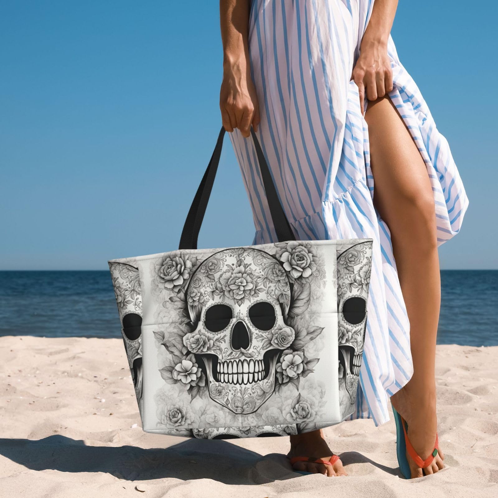 Sac de transport extra large avec tête de mort mexicaine, sac de plage pliable avec sac, sac de week-end, sac de voyage, sac de nuit
