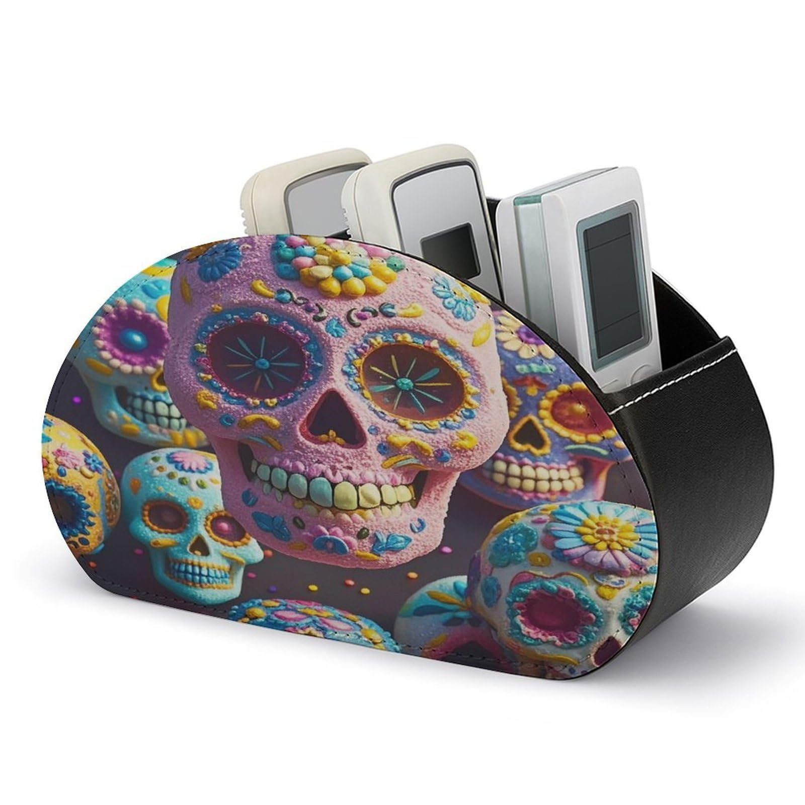 FekiLoot Leather TV Remote Control Holder with 5 Compartments Multifunctional TV Remote Holder Bedside Table Remote Caddy Storage Box Sugar Skull Remote Organizer for Home Office