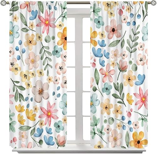 Miniatura 270 de Retro 70s Floral Blackout Window Curtains, Watercolor Flower Plant Rustic Modern Style Pattern Window Drapes, for Bedroom Living Room 42x45in 2
