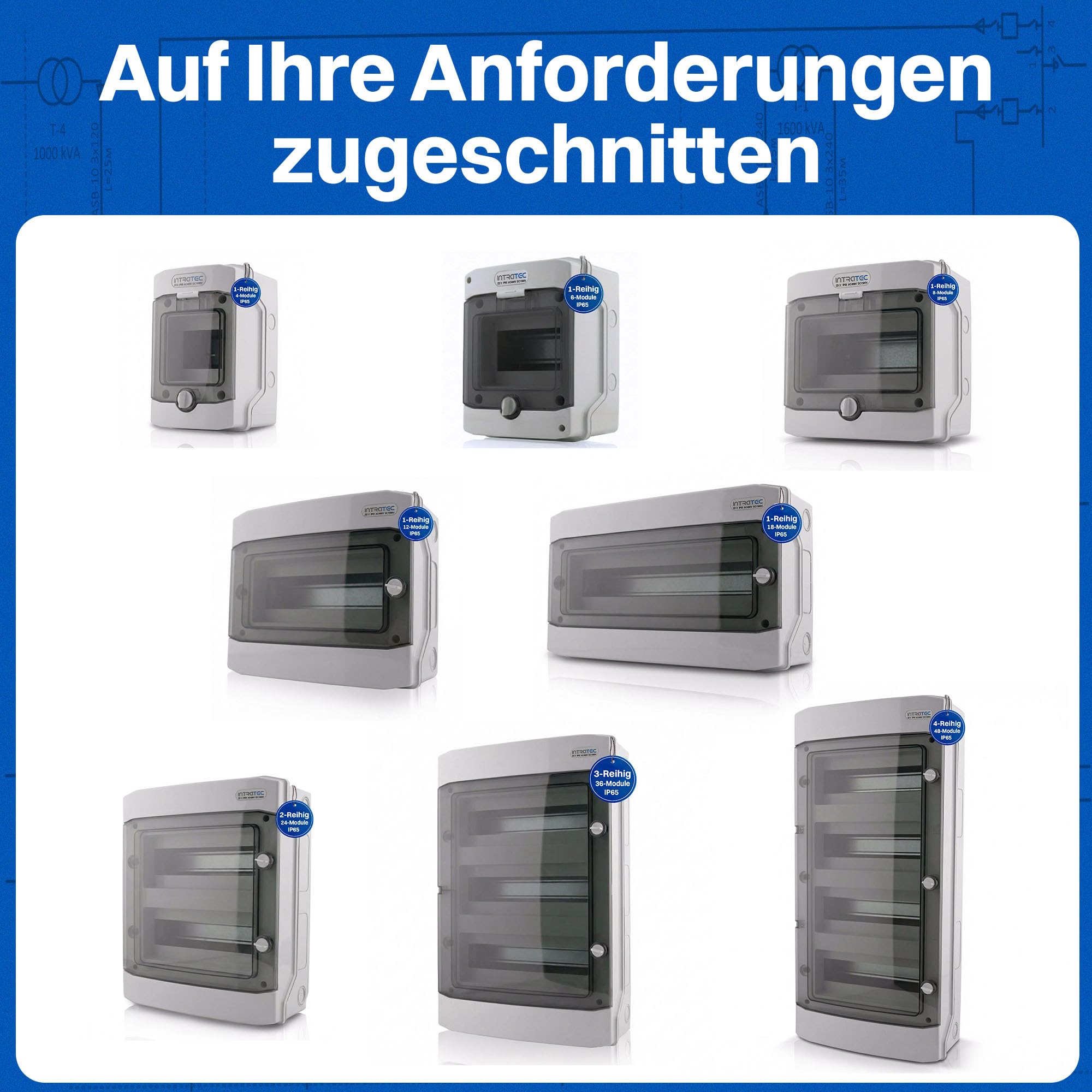 Intratec Verteilerkasten Aufputz 4 reihig – IP65 Sicherungskasten für 48 Module – Feuchtraum Verteiler für Garten, Keller, Garage & Außenbereich – 400VAC 1500VDC Kleinverteiler, 663 x 319 x 144 mm