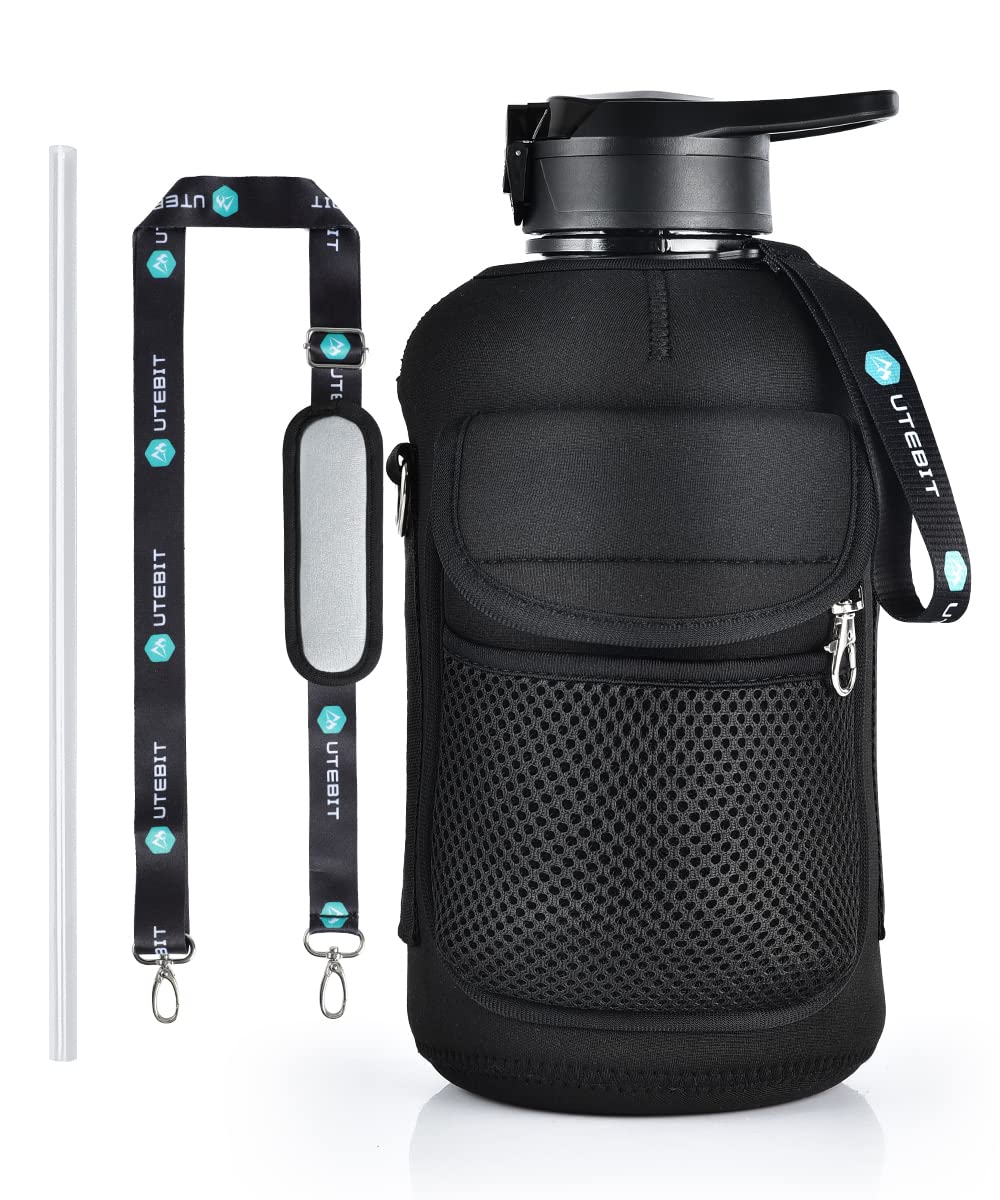 Half Gallon Water Bottle with Straw, BPA Free 74 oz Water Jug with Capacity Marking and Shoulder Strap for Men Women in Gym Workout Outdoor Camping(B…