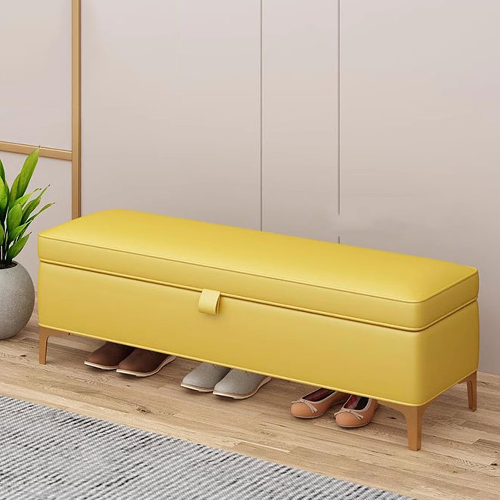 Banc ottoman coffre de rangement en cuir véritable style contemporain et acier