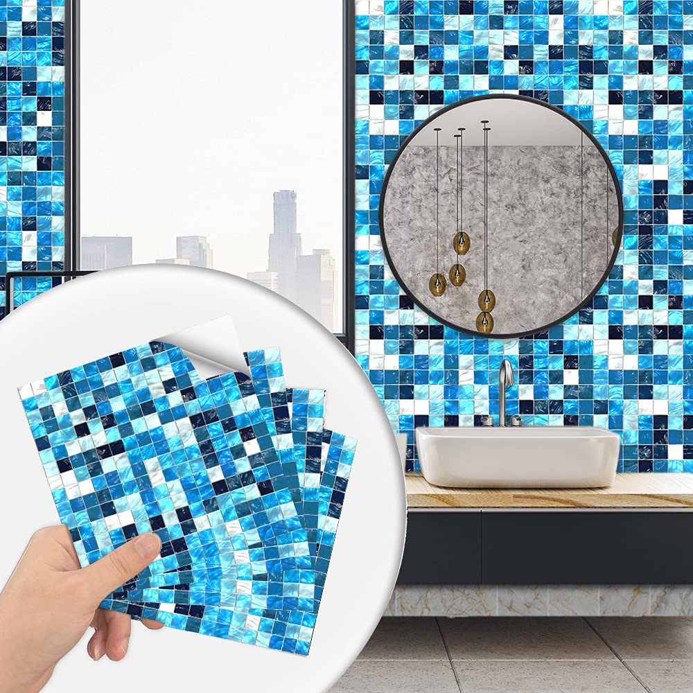 LMYSXAOZ Tile Stickers Blue Mosaic Stick On Tiles,Self Adhesive Wall Tiles for Kitchen Bathroom,Vinyl Peel and Tiles,Stick Waterproof Oilproof 10 PC(20x20cm)