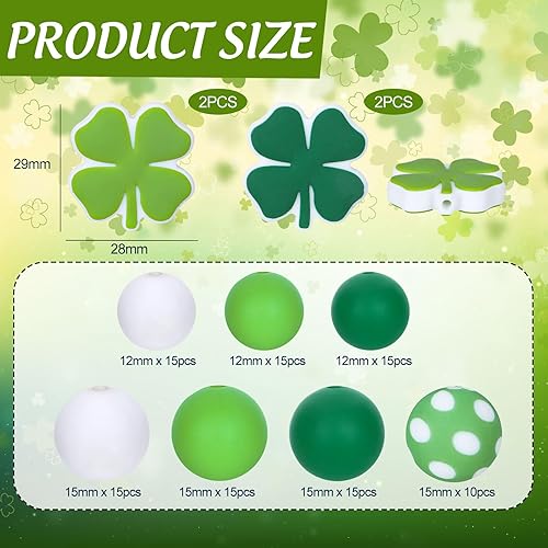 Miniatura 2 de JarThenaAMCS 104 cuentas de silicona para el día de San Patricio, trébol de trébol, cuentas espaciadoras sueltas con cuerda elástica, cuentas