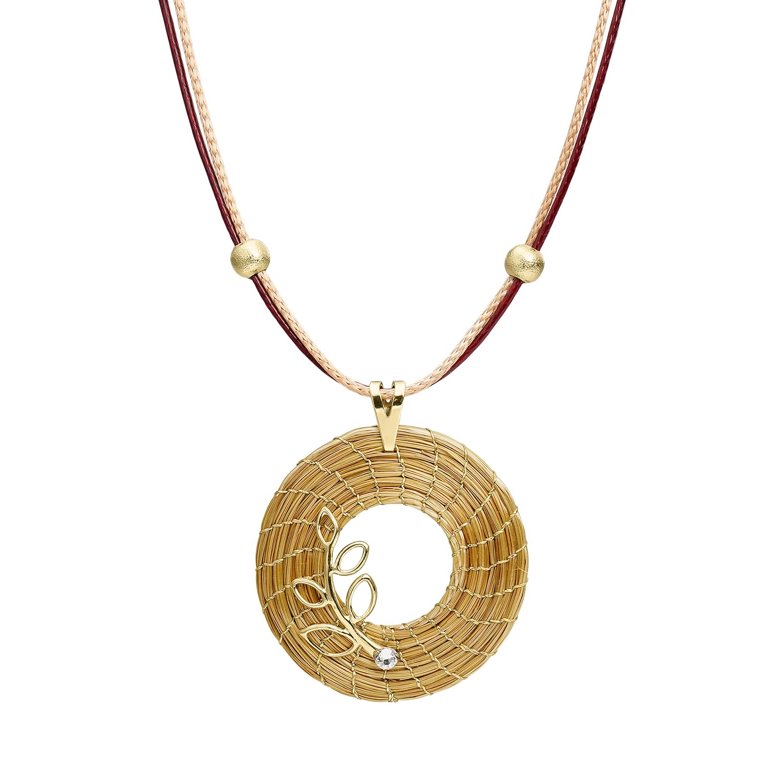 VERA NAVARRO - Halskette mit Goldenem Offenem Mandala-Anhänger aus Pflanzlichem Gold Ø 30 mm - Doppelt Gewachste Schnur 42 cm mit Verzierungen - 100% Natürliche Handarbeit