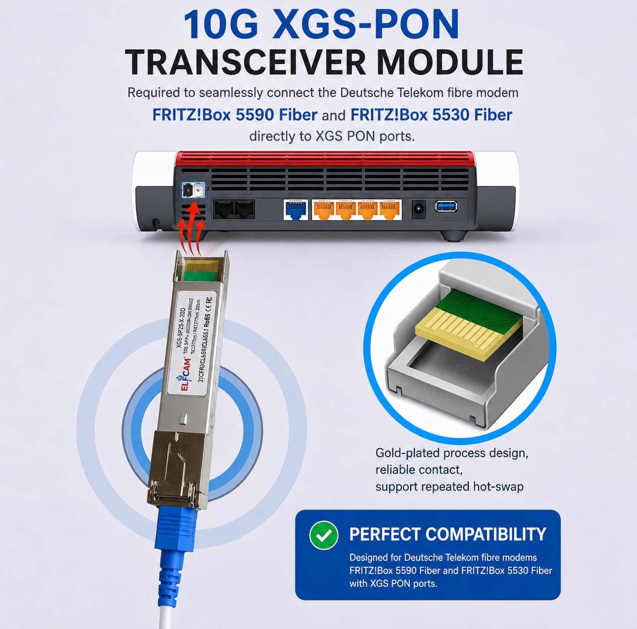 Elfcam - Módulo Transceptor 10Gb XGS-PON para Fritz!Box 5530/5590 Fiber – SFP+ Óptico, Alcance 20 km, Compatible con Fritz!OS 7.50+, SC/UPC SM, TX1270nm/RX1577nm