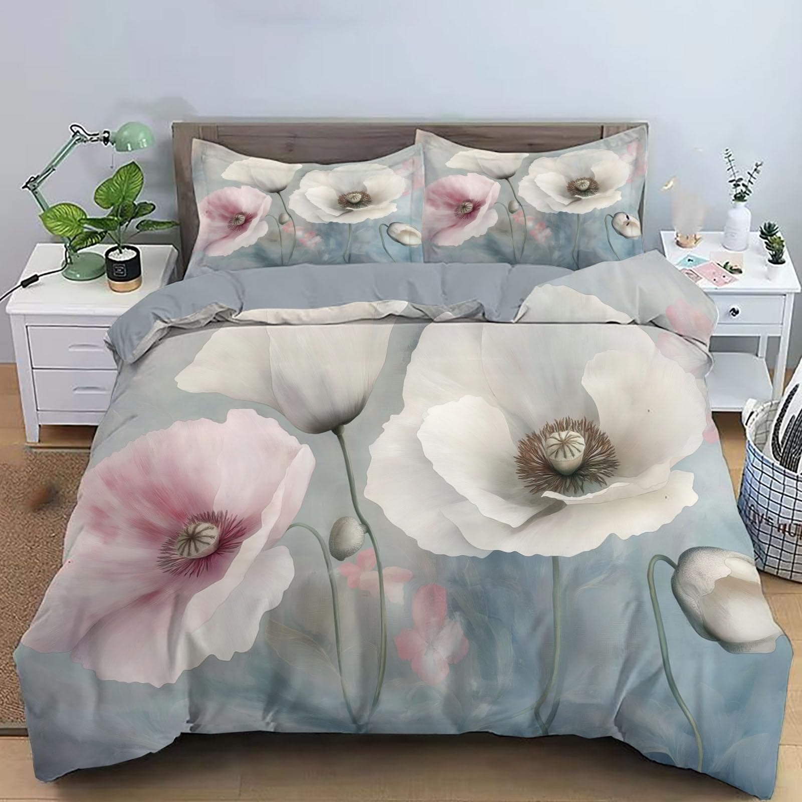 Housse de couette respirante coquelicots vintage en tissu doux thermorégulateur pour lit double