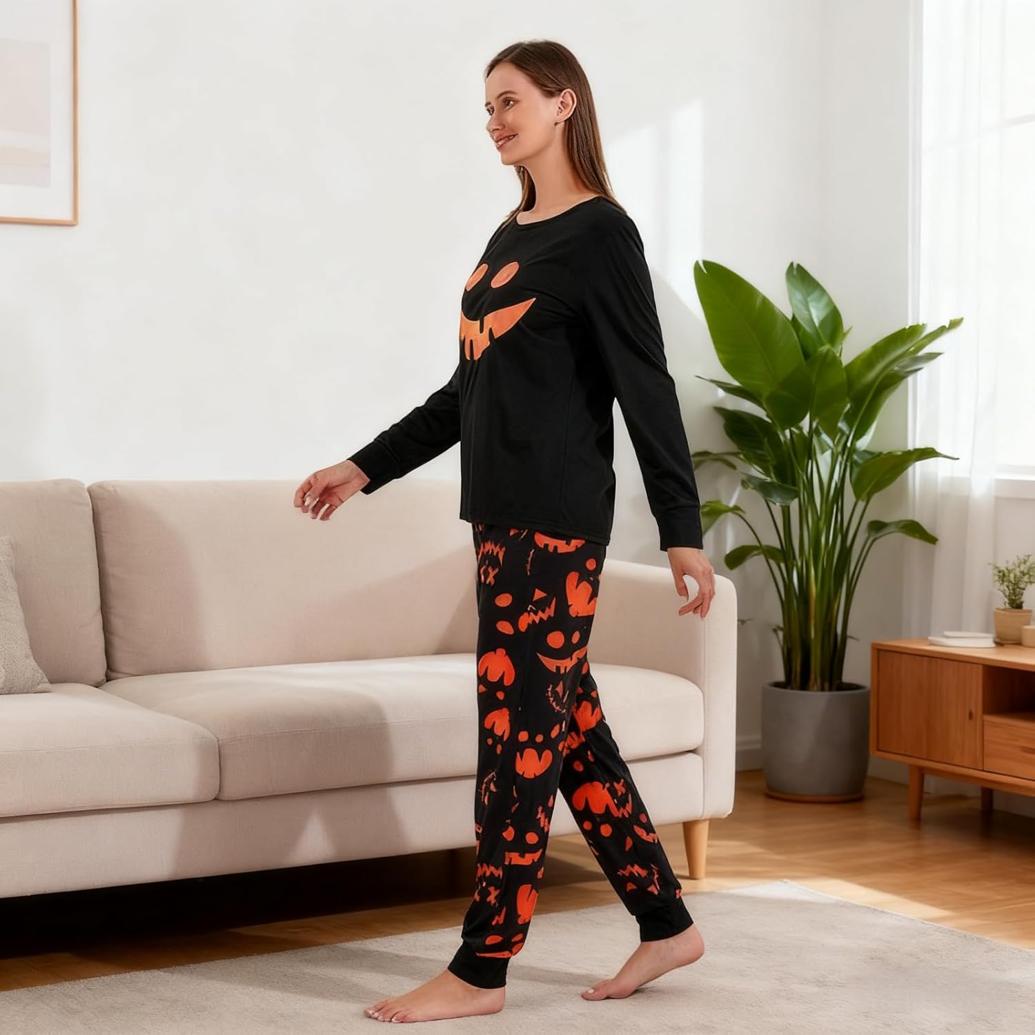Womens PajamasSet Winter Sleepwear Loungewear Pumpkin Long sleeve Glow in Dark printing Crew Neck - Image 3