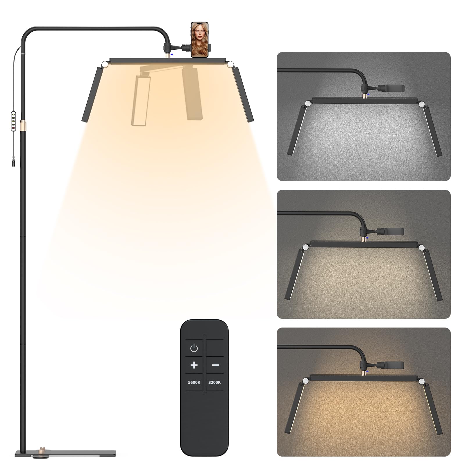 36inch Foldable Half Moon Lamp 3000-6000K Lash Light for Eyelash Extensions with Phone Holder 10 Brightness Adjustable Beauty Light Floor Standing for Tattoo Artists, Nail Tech, Esthetician