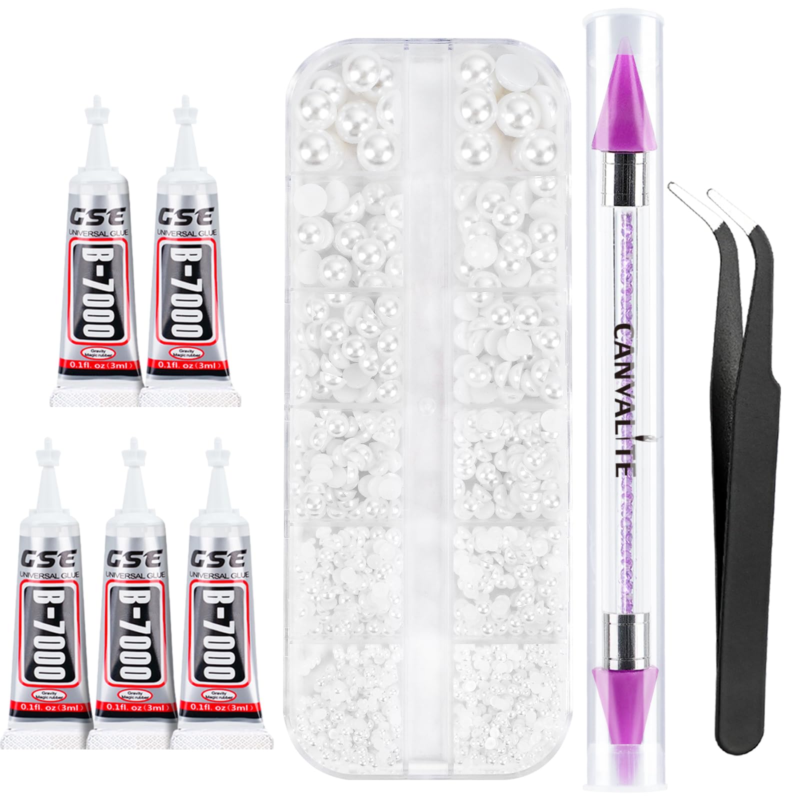 Canvalite Flatback Nail Pearls for Crafting, Multiple Sizes Half Pearls with 5Pcs B7000 Jewelry Glues & Picker Tools Bedazzling Bead for DIY Crafts