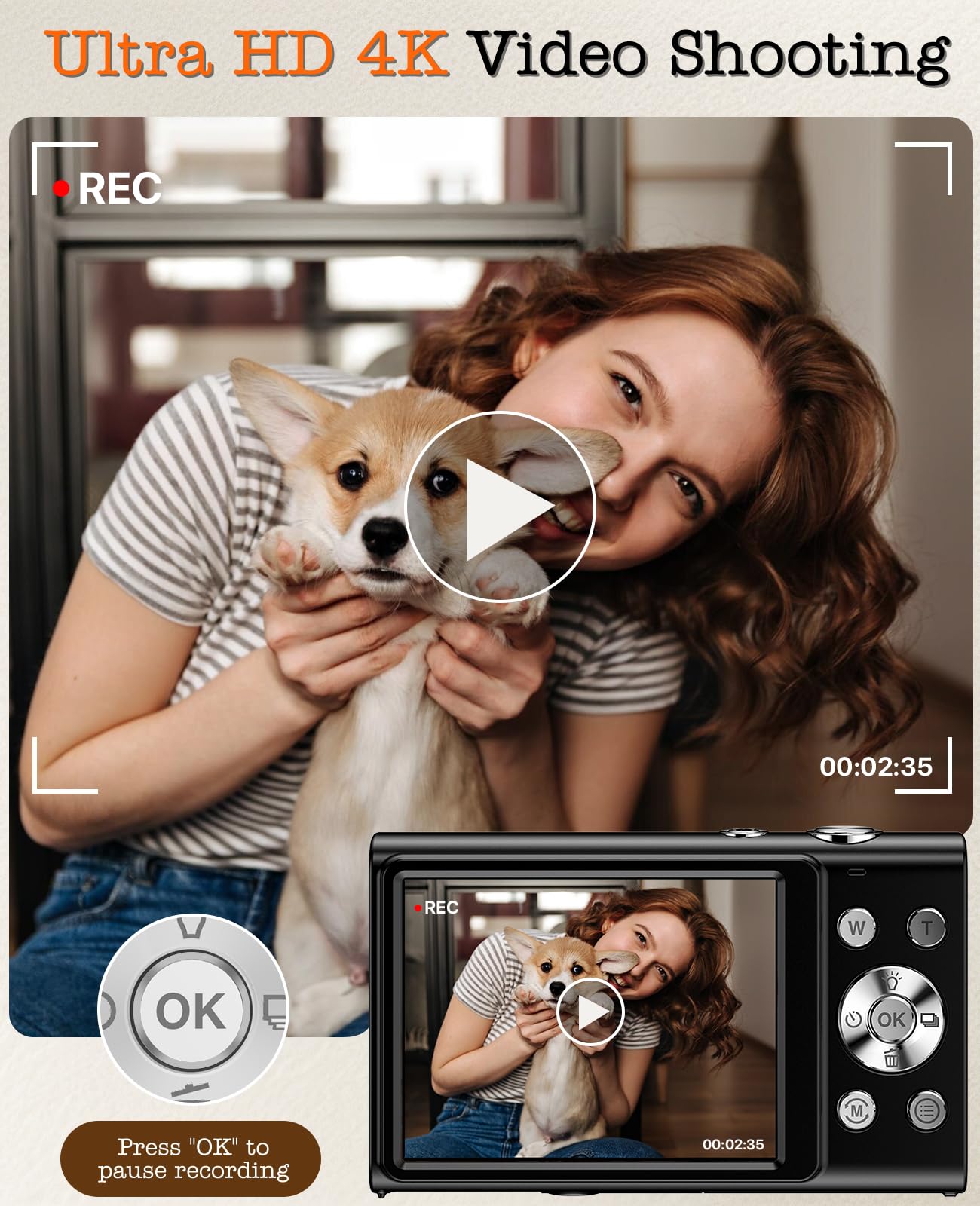 Cámara digital, cámara de vlogging 4K para cámaras de enfoque automático de YouTube para fotografía con zoom digital de 16X, cámara digital compacta de 48 MP para adolescentes y adultos con tarjeta SD