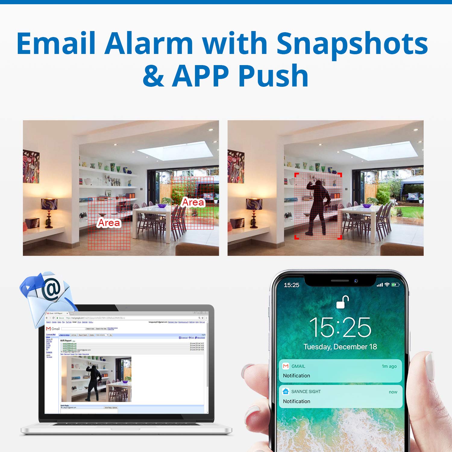 SANNCE Kit de cámaras de vigilancia 8CH 5MP PoE, grabadora NVR para videovigilancia con 4X cámaras Exteriores 5MP con notificación Push por App, Resistente al Agua IP66, detección de Personas