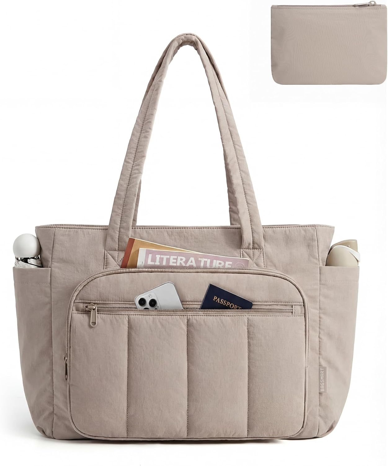 BAGSMART Tote Bag for Women, 2 Set Puffer Tote Bag with Zipper, Quilted Nurse Handbags for Work Travel College | 20L Capacity, 15.6” Laptop Bag, with Cosmetic Bag, Carry on Bag, Nurse Gym Bag