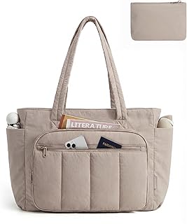 Tote Bags for Women with Zip, 20L Large Work Quilted Bag with 15.6 Inch Laptop Compartment Puffer Shoulder Handbag for Nurse, Travel School Beach