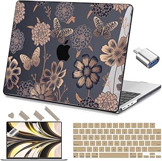 for MacBook Air M2 13.6 Case 2022 Release A2681 Model, Clear Hard Shell with Keyboard Cover & USB 3.0 Adapter & Screen Protector for 2022 MacBook Air 13 inch, Gold Floral Butterfly