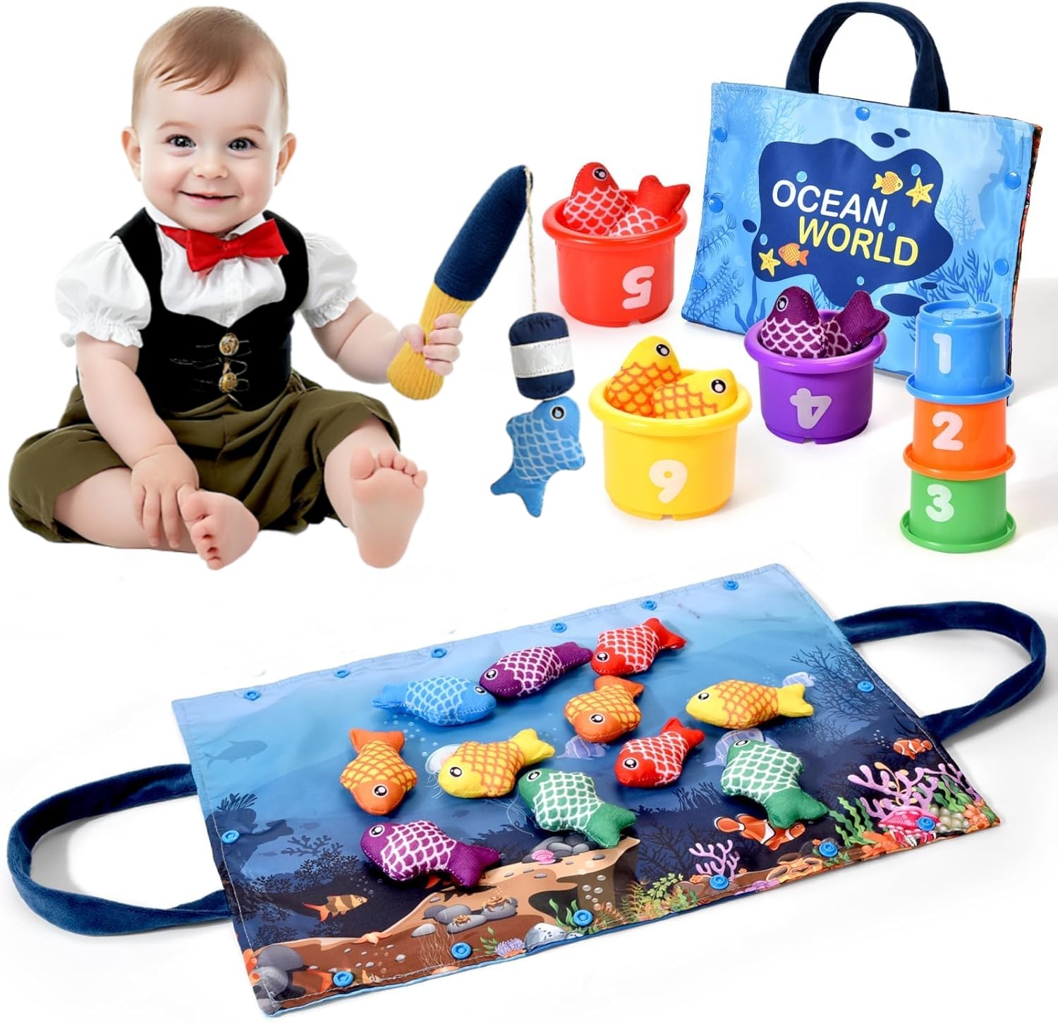Tokiyis Gioco Montessori Pesca per Bambini 1-3 Anni - 12 Pesci Morbidi con Retino, Giocattolo Educativo per Sviluppo Motricità Fine e Coordinazione, Neonati 12-18 Mesi e Bambini
