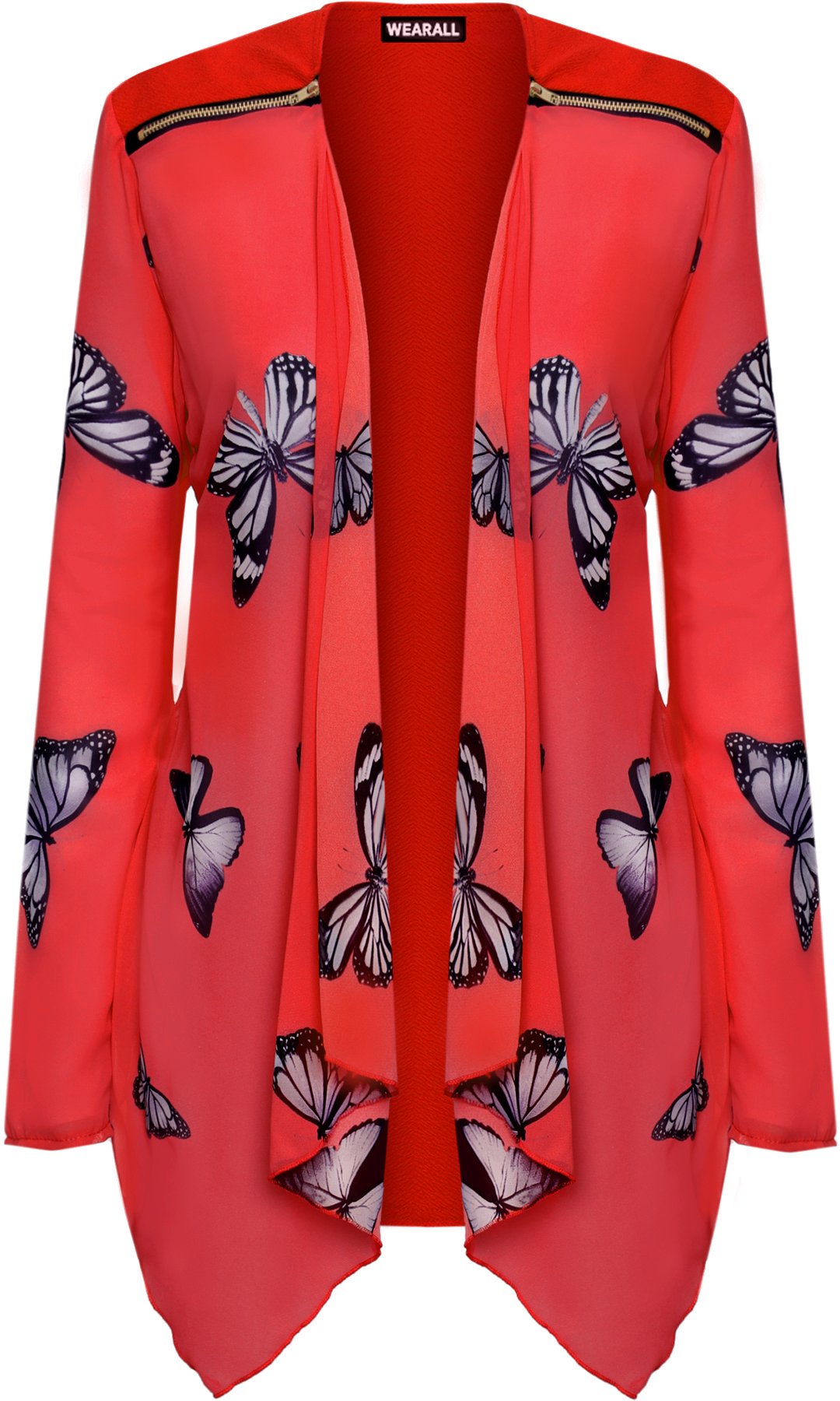 WearAll Women's Plus Long Sleeve Chiffon Butterfly Print Sheer Cardigan Top - Red - 20