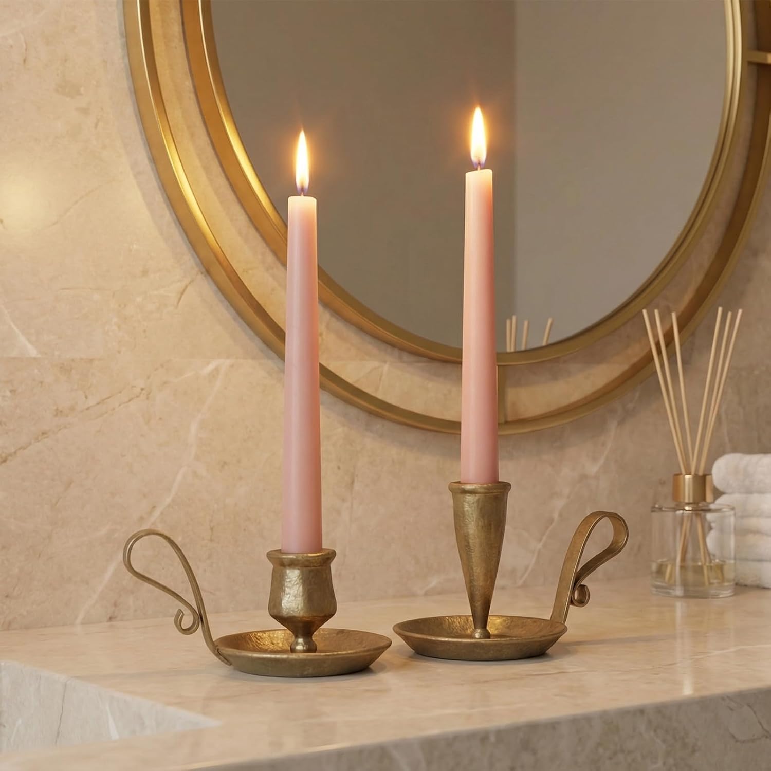 Iron Taper Candle Holders Set of 2 - Hand-Forged Antique Brass Finish, Vintage Candlestick Stand for Dining Table, Mantel & Wedding Decor, Unique Blacksmith-Made Housewarming Gift
