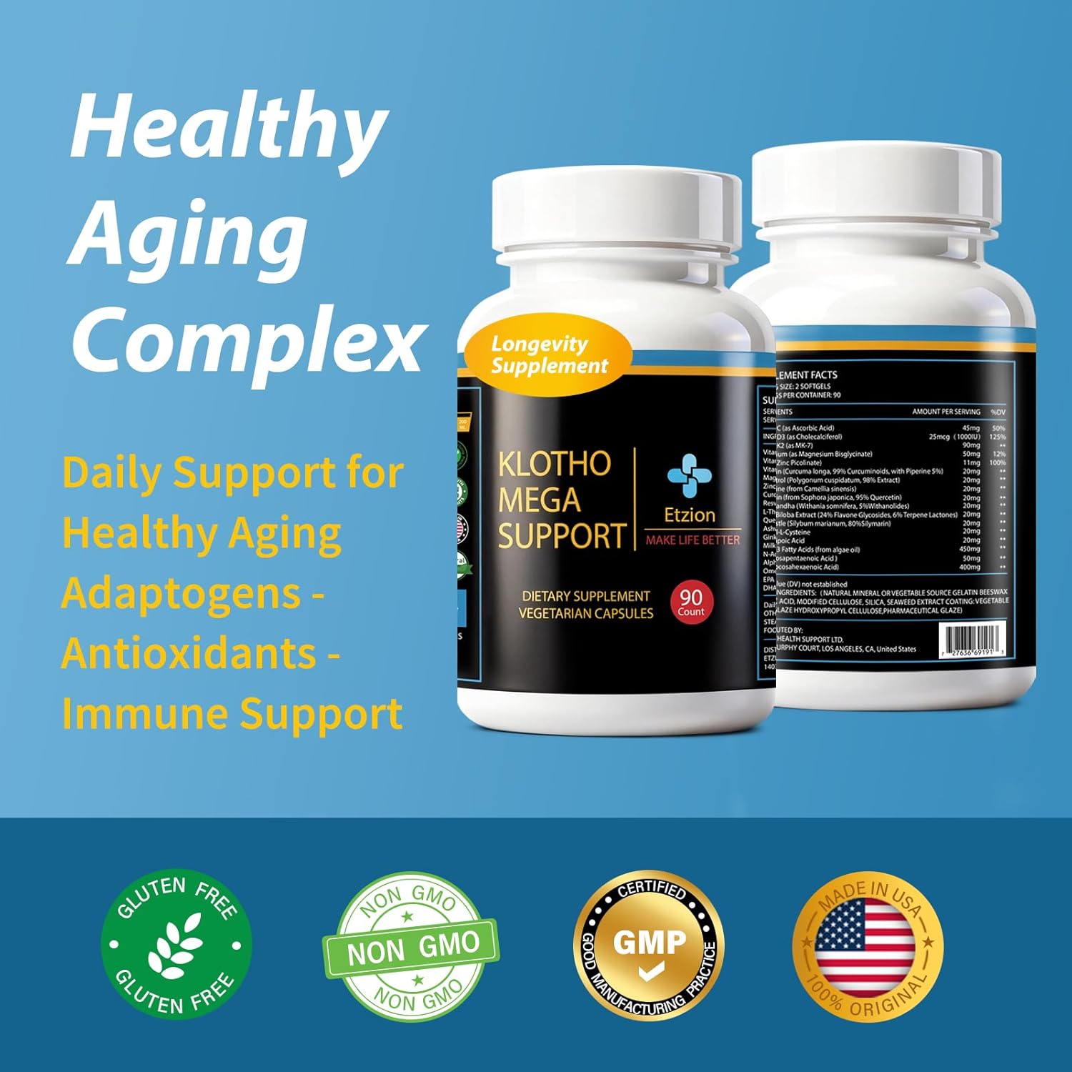 Klotho Mega Support – 15+ Advanced Factors for Longevity, Anti-Aging & Mitochondrial Support with Vitamins C, D3 & K2, Resveratrol, Curcumin, Quercetin & Omega-3, Cellular Health, 90 Capsules