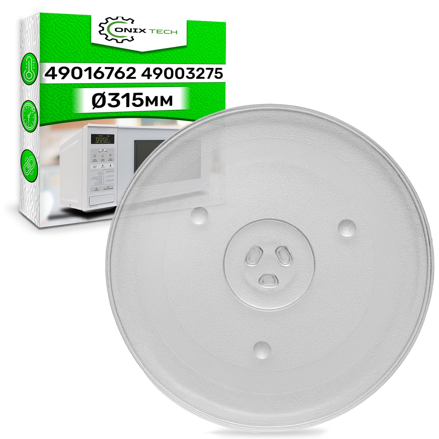 Piatto Microonde Ø 31,5 cm con 3 Gambe di Supporto con Codice Originale 49016762 per Candy - Piatto Vetro Microonde 315 mm in Vetro Temperato Resistente al Calore Resistente - ONIX TECH