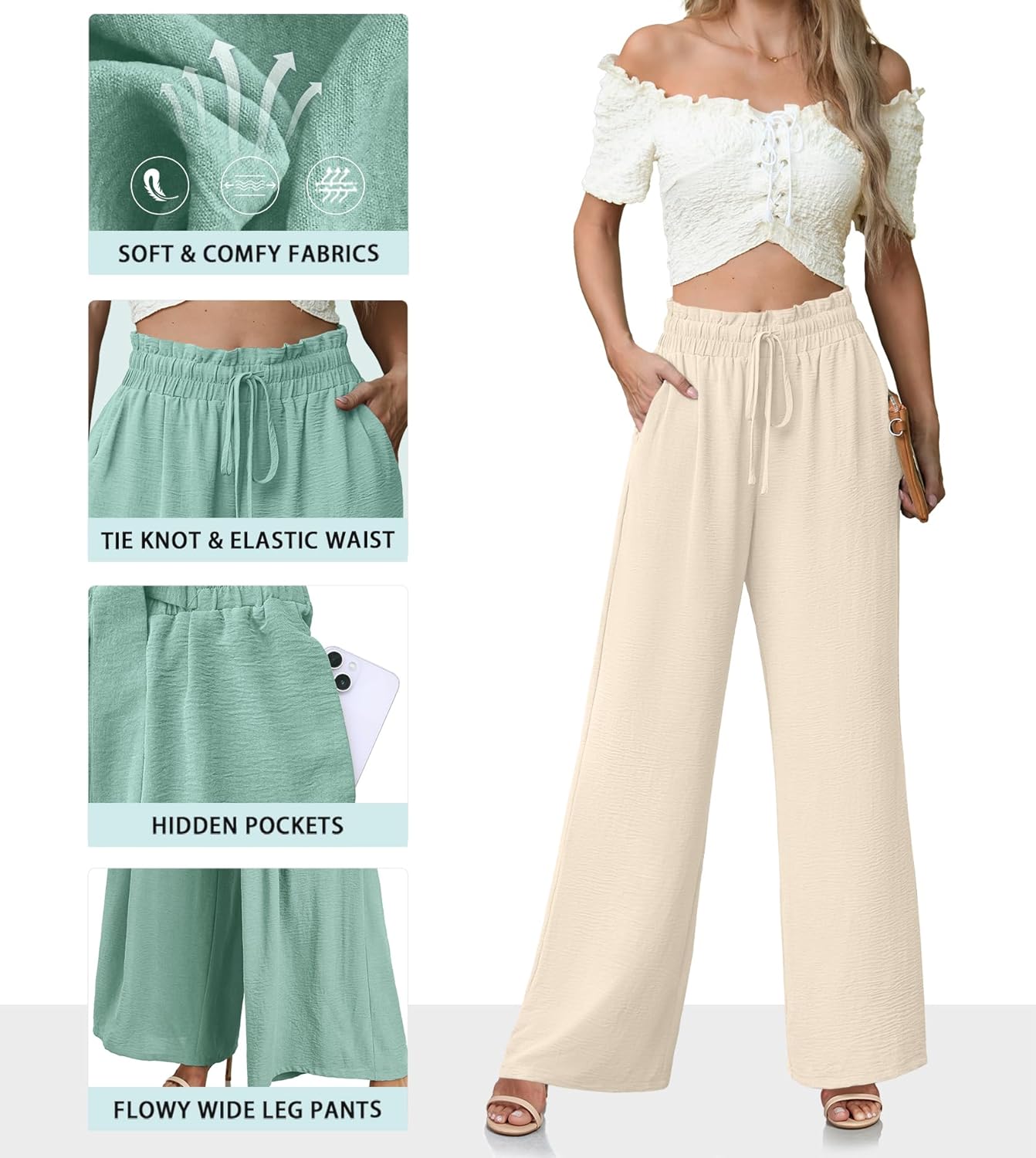 Women's High Waisted Wide Leg Pants Flowy Palazzo Pants Work Casual Tie Knot Pants with Pockets - Image 4