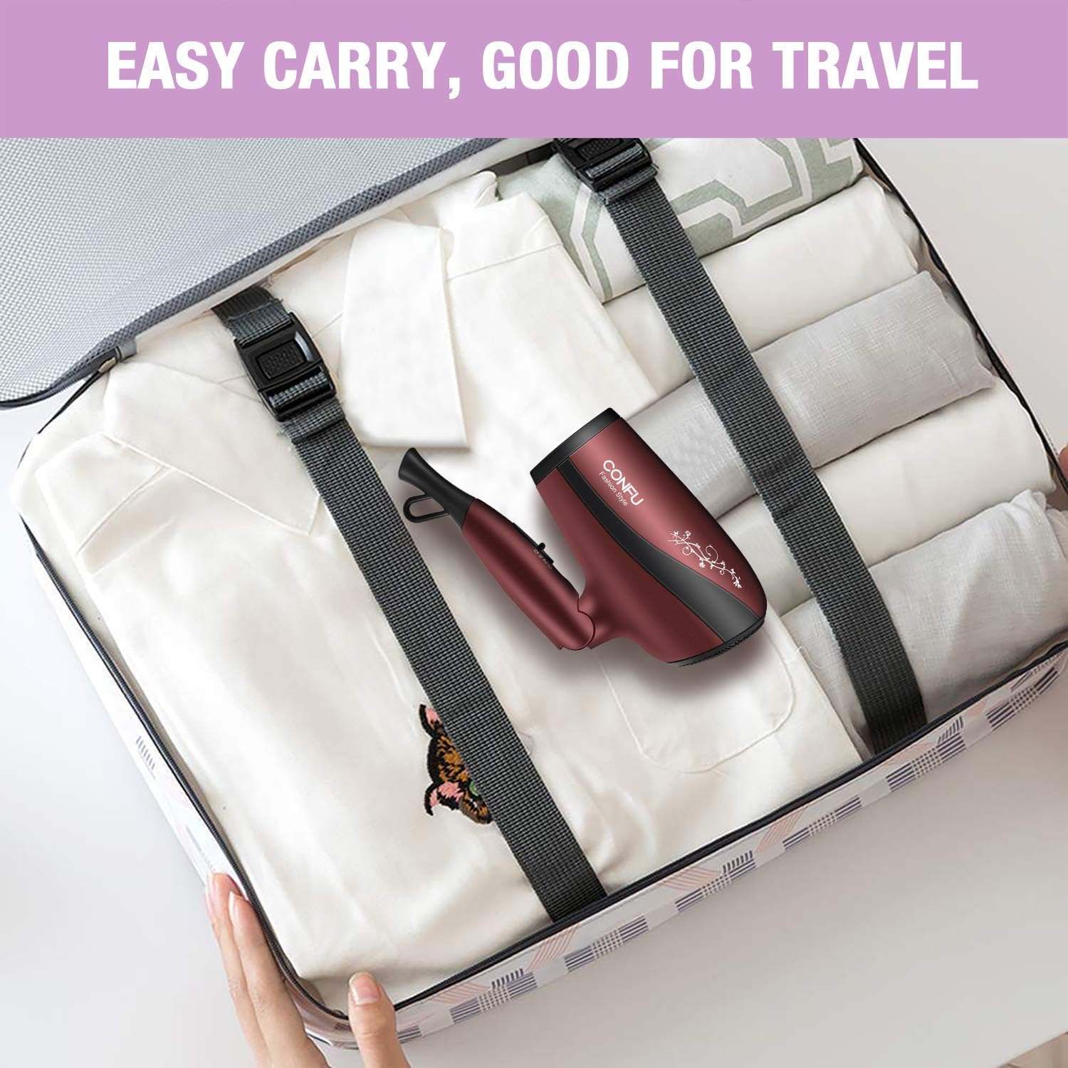 CONFU Portable Travel Hair Dryer packed neatly in a suitcase