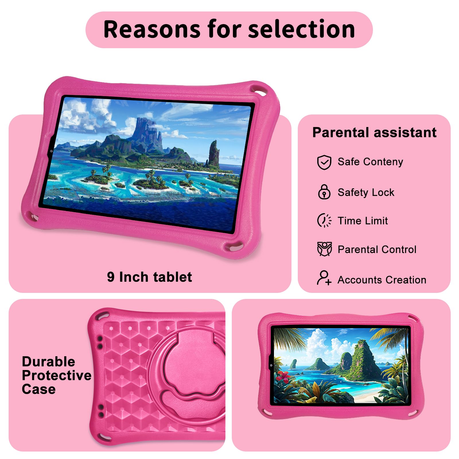 Tablet Bambini 9 Pollici Android 15 Tablet con Gemini Al, 12GB RAM+32GB ROM/TF 2TB,Octa-Core,2.0GHz,5G WiFi6,BT5.0,8+5MP,5000mAh,Widevine L1,Parentale Controllo Tablets con Eva Caso-Rosa