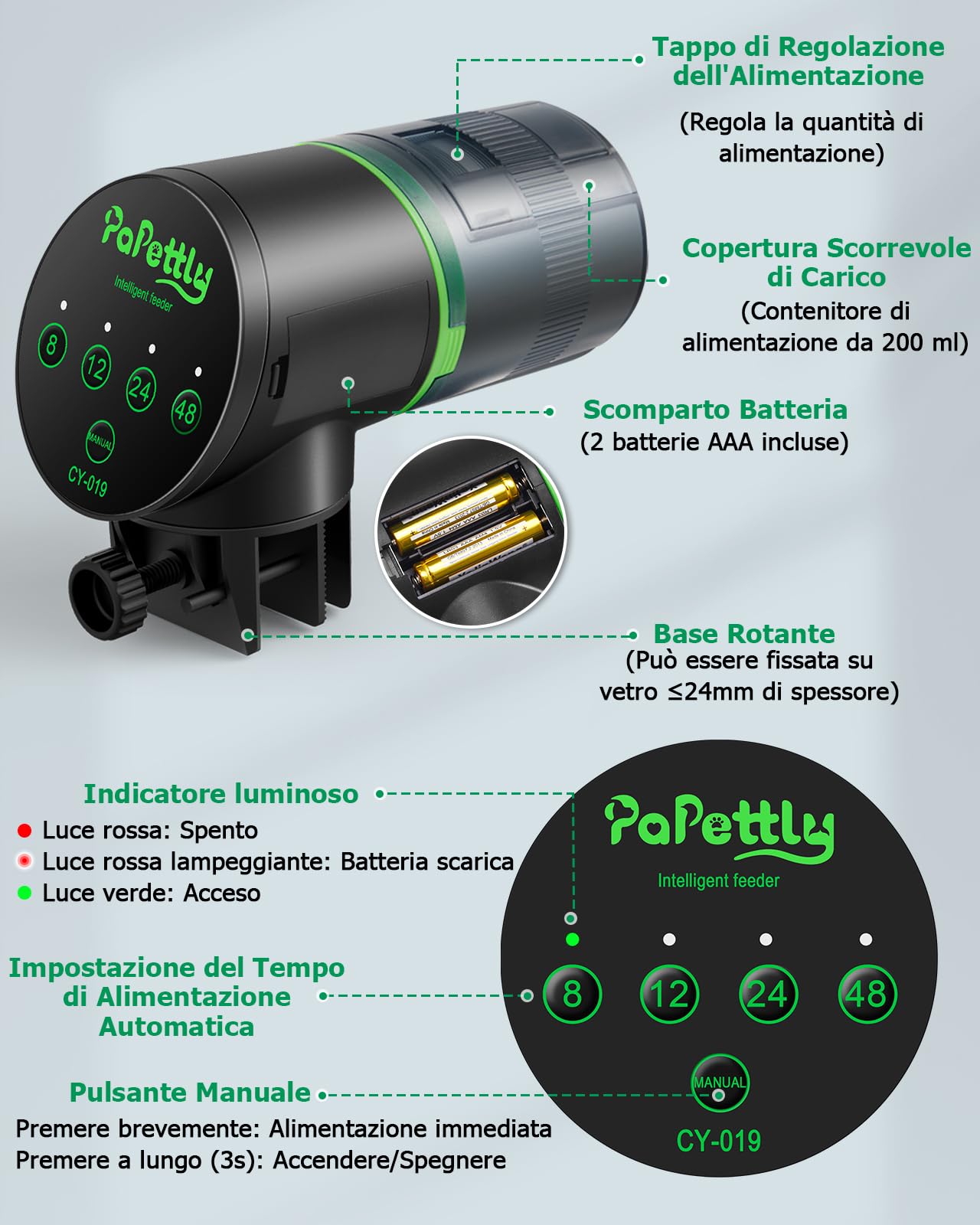 Papettly Mangiatoia Automatica Acquario Automatico Distributore Cibo Pesci a Batteria con Timer, 200ML Mangiatoia Pesci per Vacanza Tartarughe, con 2 batterie AAA e Anello per Alimentatore Pesci