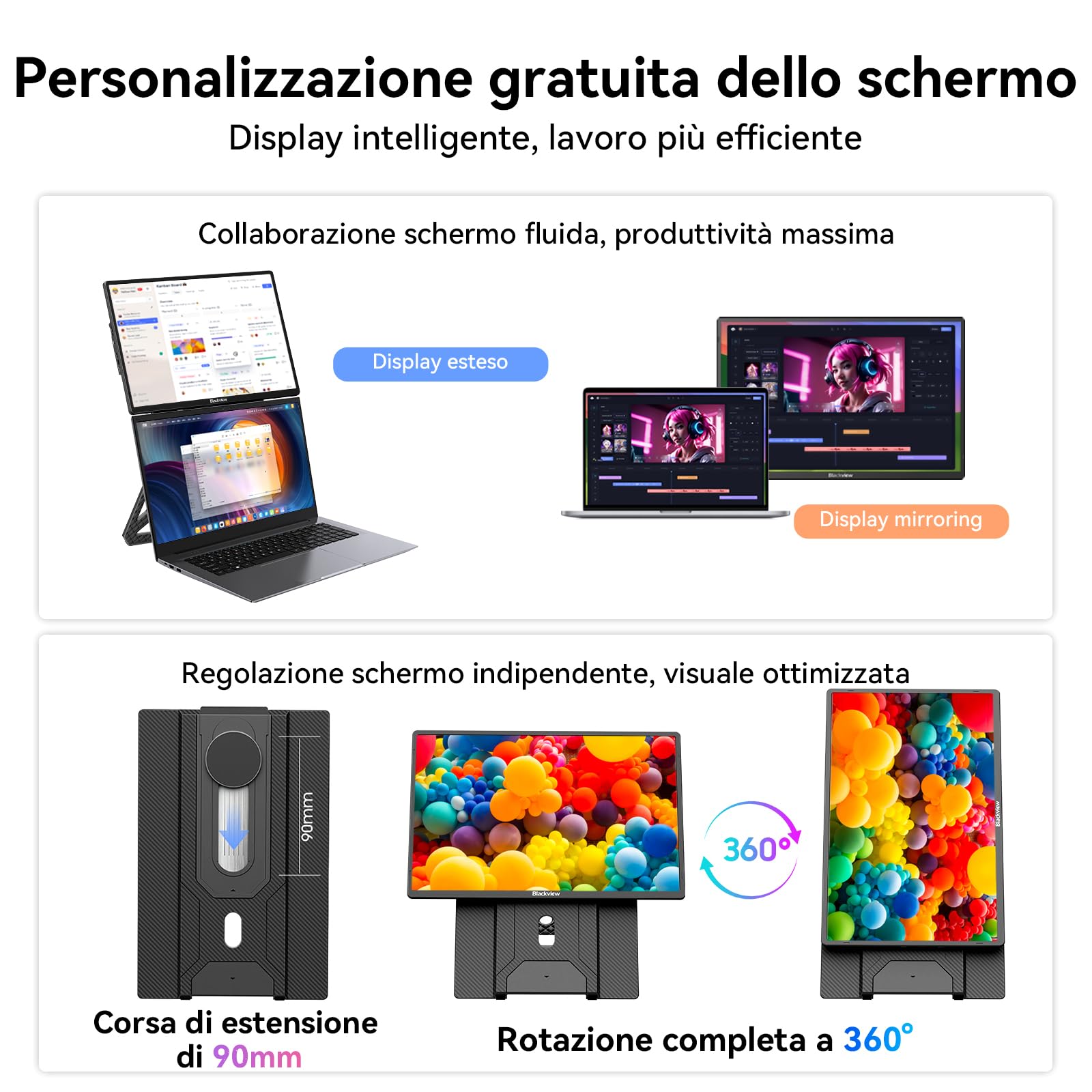 Blackview Monitor Portatile Ultra-Sottile 16.1 Pollici FHD 1200P, Supporto Magnetico Rotante 360°, Schermo Esterno Laptop per Viaggio & Ufficio, Plug & Play-Compatibile con Windows/Mac/PC/PS5