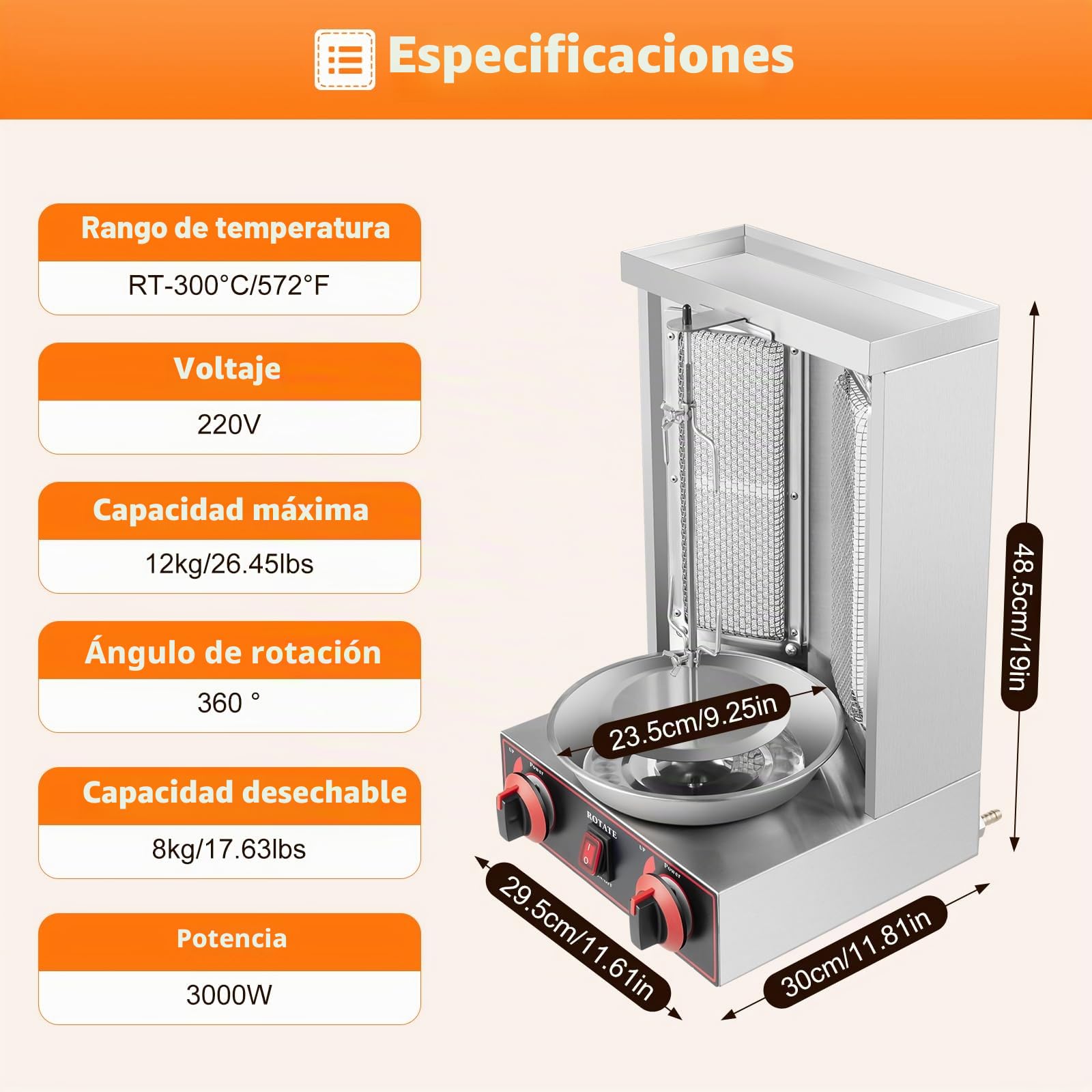 Dönergrill Gas Kebab Machine 3000W, giratorio 360°, 2 quemadores de gas, parrilla de acero inoxidable Shawarma Broiler Machine con bandeja superior, pies antideslizantes, conexión de gas, cable de