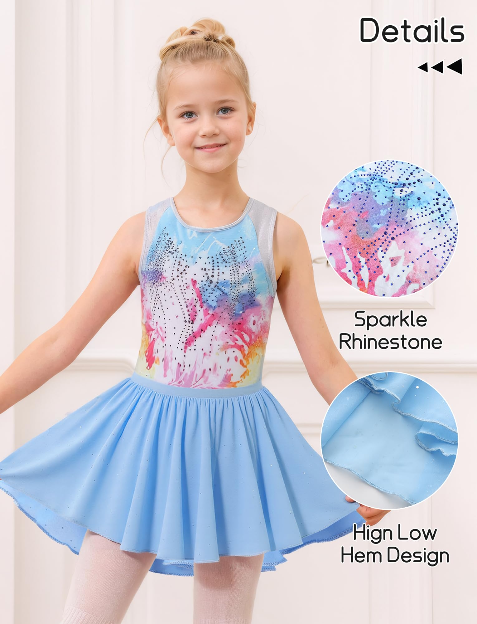 Justaucorps de gymnastique 3 pièces pour fille - Sans manches - Strass brillants - Combinaison avec jupe amovible