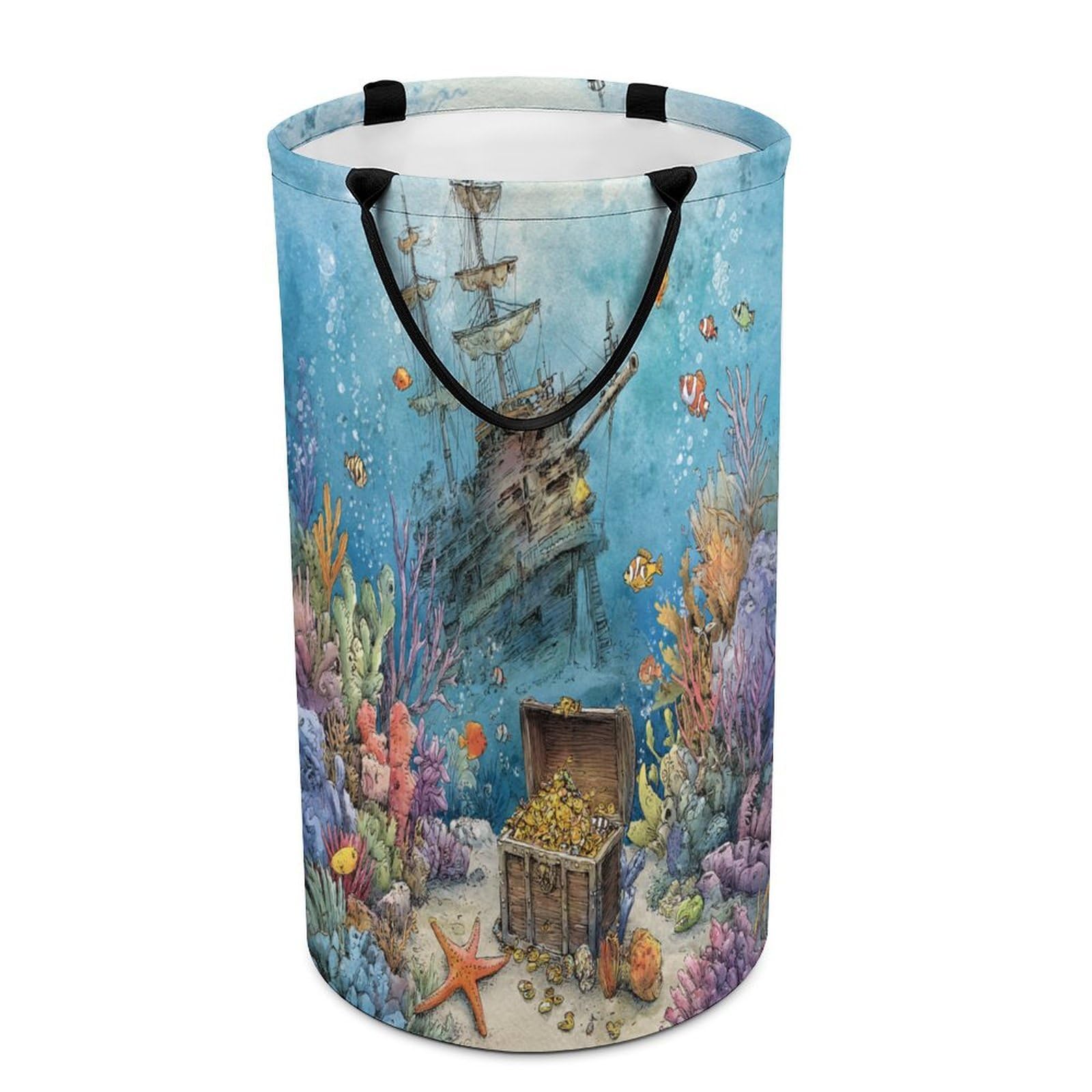 LUYYSKY Classic Realistic Pirate Ship Collapsible Dirty Clothes Basket, Rustic Nautical Underwater Treasure Ocean Animal Fish Starfish Portable Clothes Storage Laundry Basket-40 CM Dia, 69 CM High