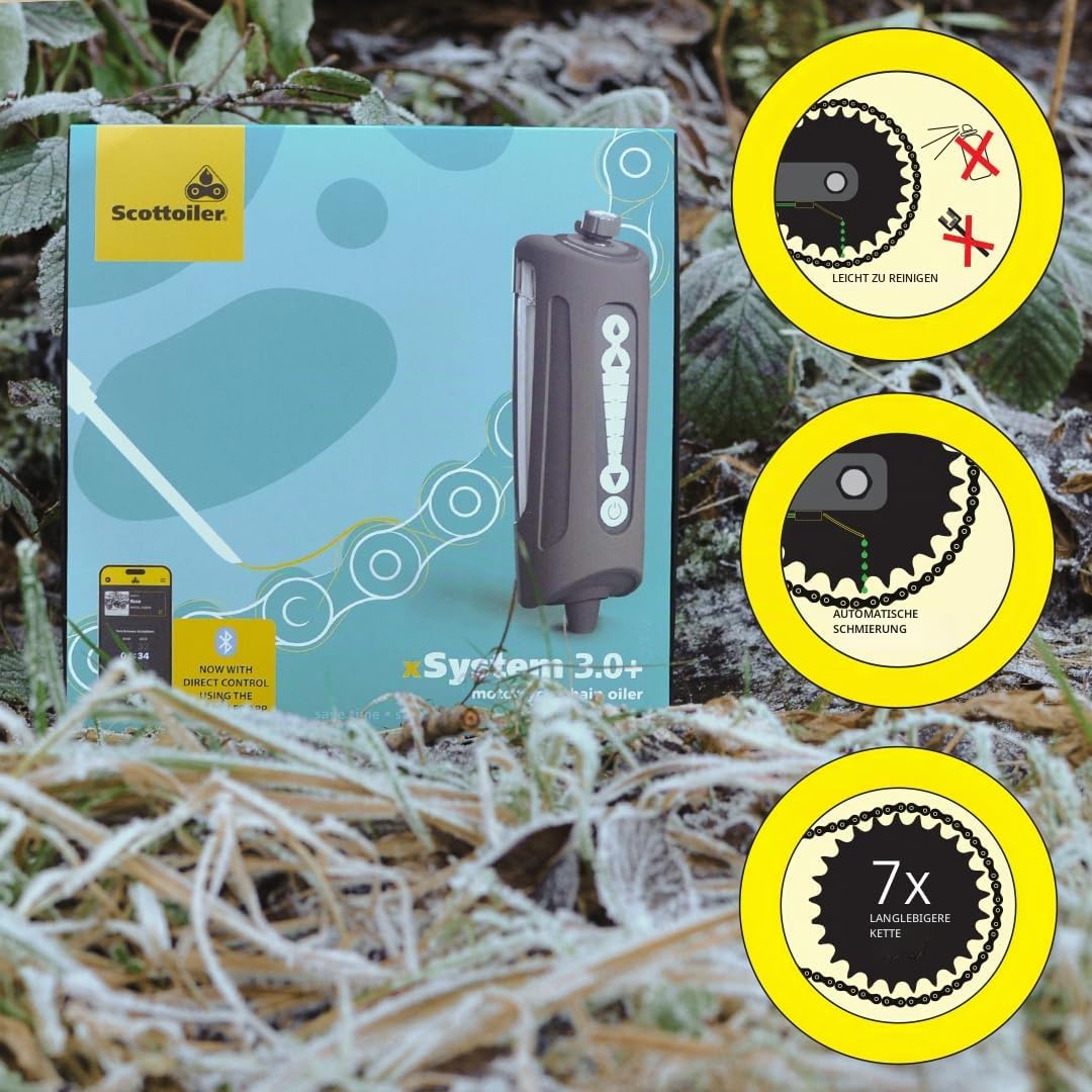 Scottoiler xSystem 3.0+ Elektronischer Kettenöler Bluetooth-App-Steuerung All Climate Biologisch abbaubares Scottoil Grün