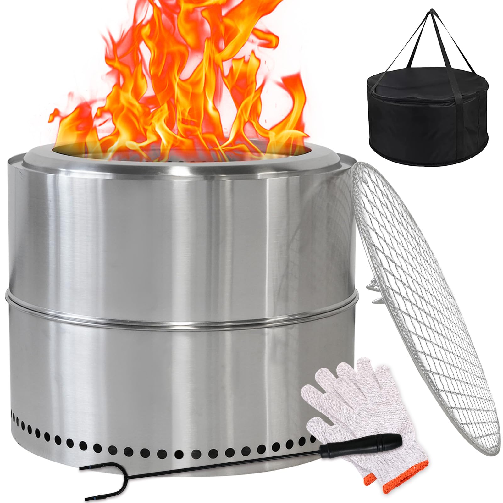 Feuerschale Edelstahl 50cm, Rauchfreie Feuerschale mit Grillrost, Aufbewahrungstasche, Abnehmbarer Aschekasten, Feuertonne, Tragbare Feuerstelle für Den Garten, Terrasse Balkon (Style 2)