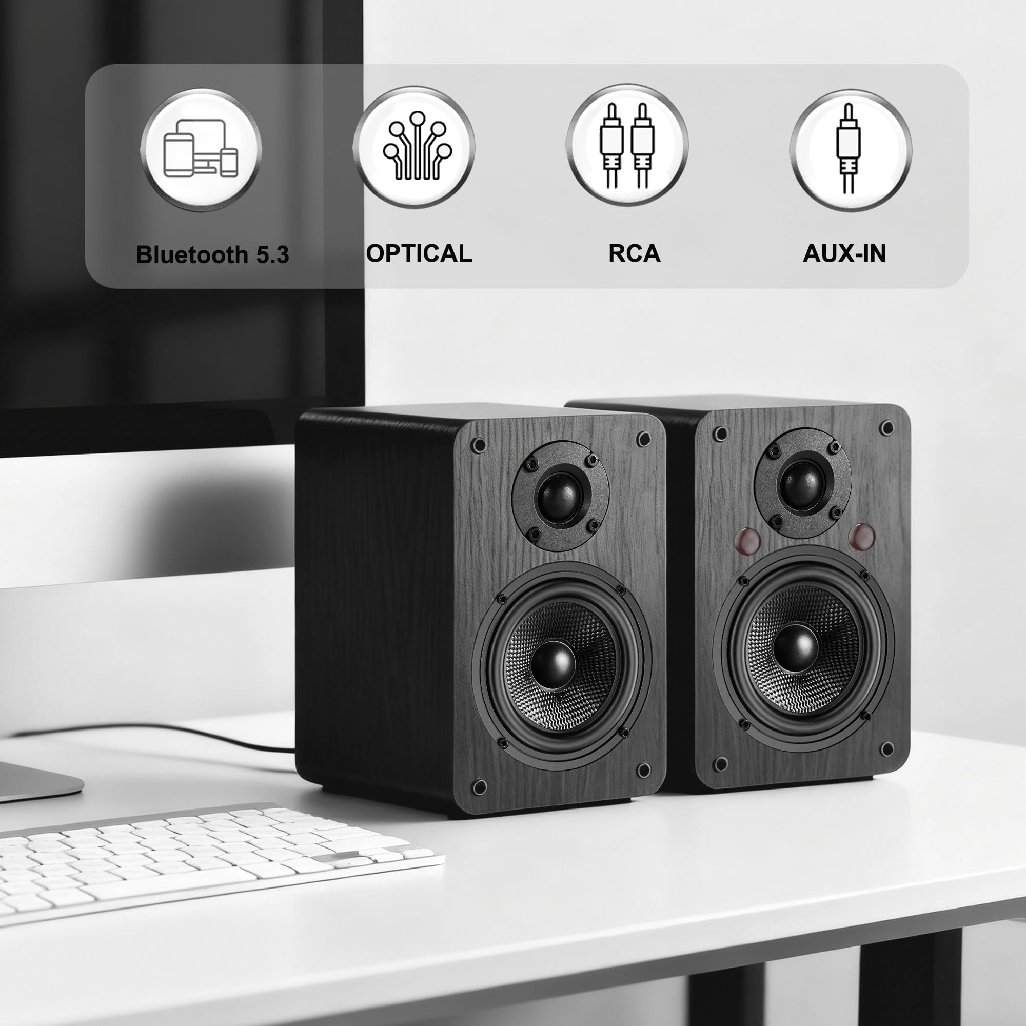 LONPOO 60W Aktiv Regal-Lautsprecher, 2.0 CH TV-Lautsprecher mit Bluetooth/Optical/RCA/AUX-IN, 4-Zoll-Tieftöner &1-Zoll-Hochtöner Heimstereo (LP42A)