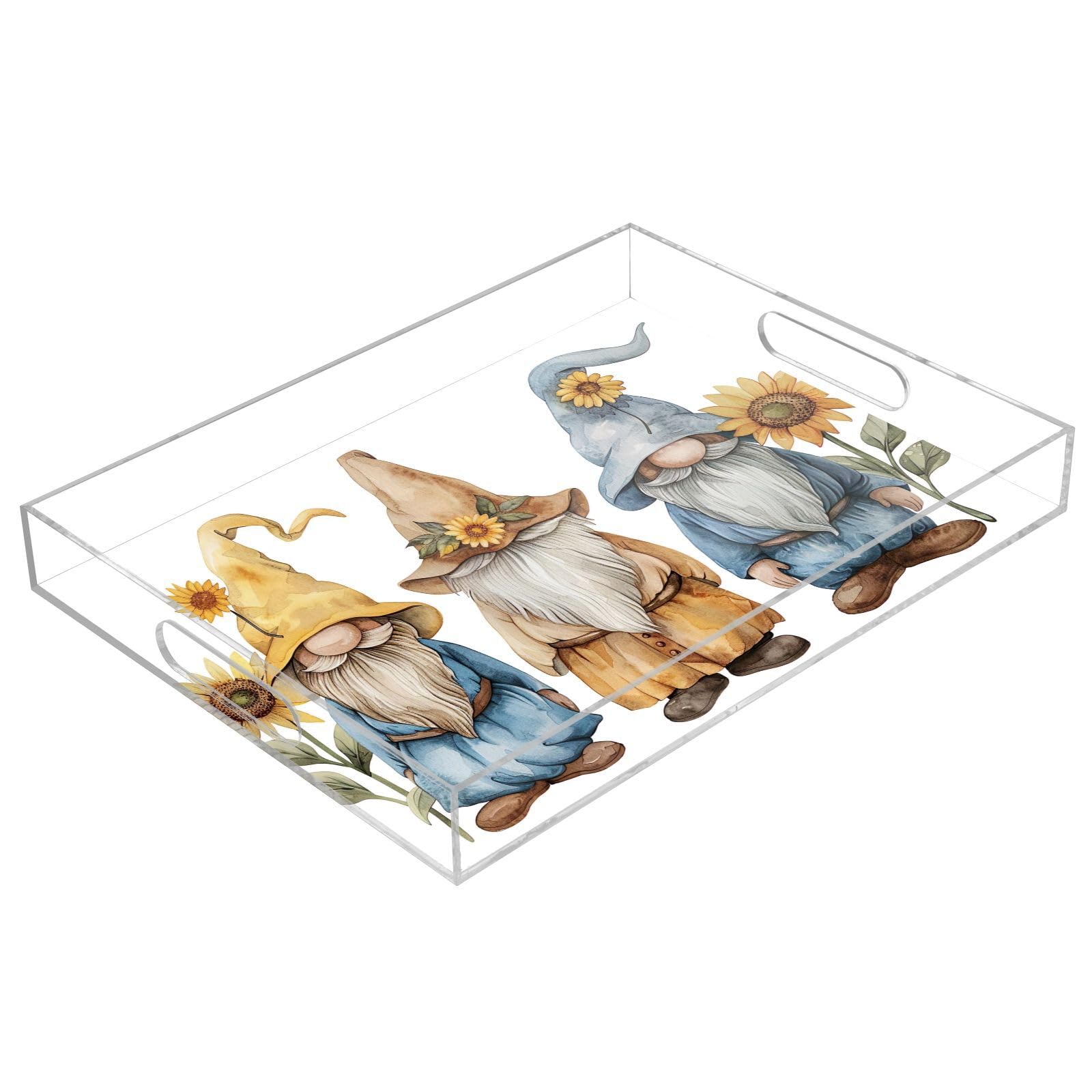 Sunflower Gnome Acrylic Serving Tray with Handles 12 x 16 Inch, Sturdy Spill-Proof & Non-Slip Decorative Tray for Kitchen Countertop, Bathroom Vanity Organizer, Ottoman Coffee Table