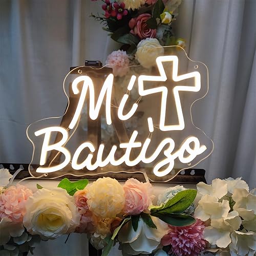 Letreros de neón Mi Bautizo para decoración de pared, 14.2 x 10 pulgadas, letrero de luz LED con texto en inglés "My Bautiz", perfecto para fiestas