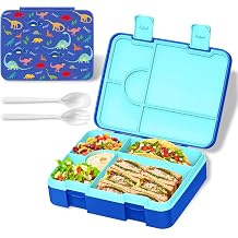 Bento Lunch Box for Kids, Leak-Proof 5-Compartment Cute Lunchbox for Boys Girls, Drop-Proof, Food Container Microwave & Dishwasher Safe, Back to School Supplies for Ages 3 to 7, Blue/Dinosaur