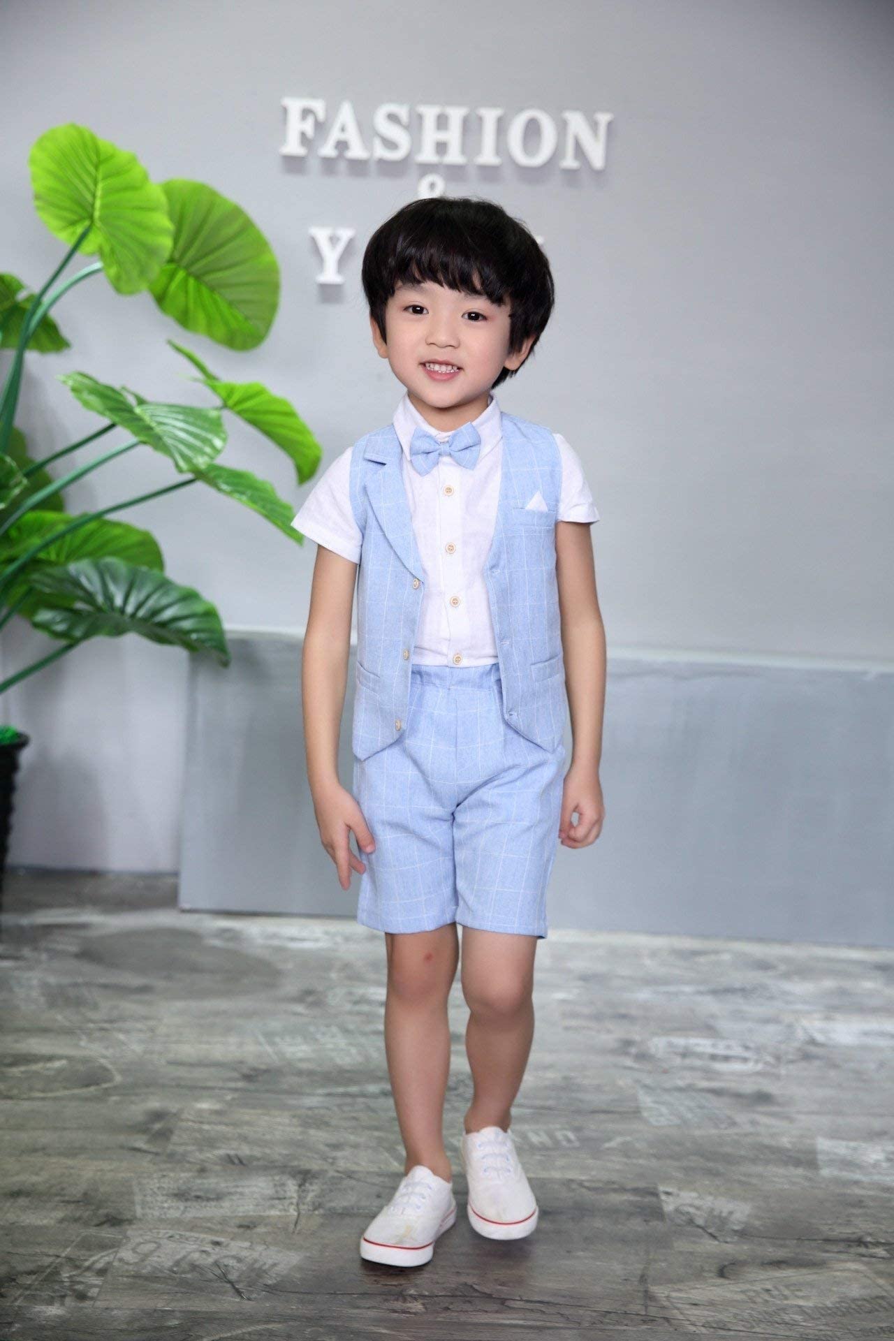 LOLANTA 4PZ Completo Cerimonia Bambino, Abito Bimbo Estivo con Gilet Pantalone Camicia e Papillon per 2-12 Anni