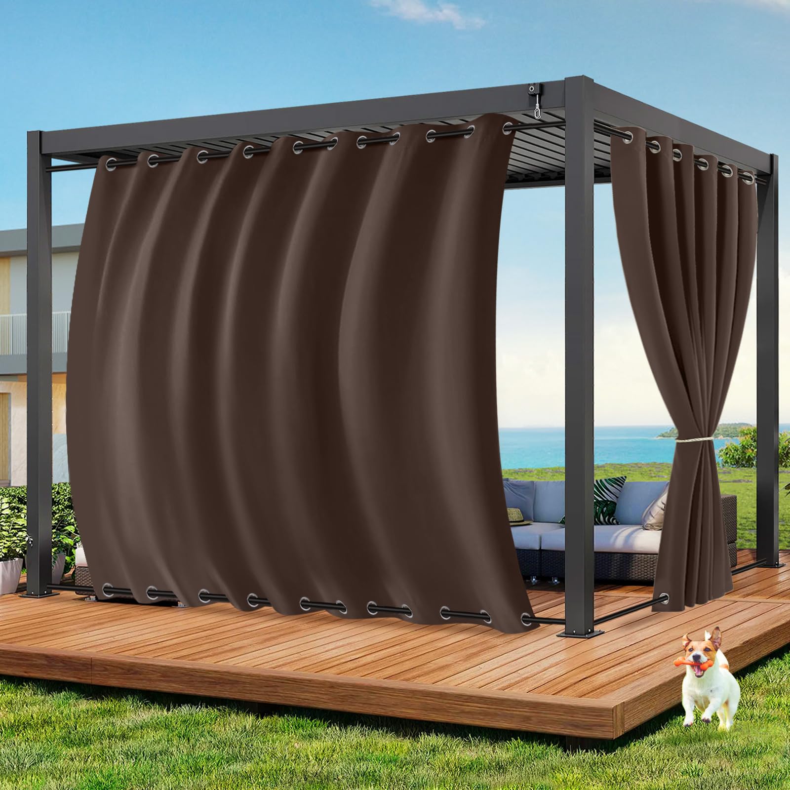 Outdoor Vorhang Wetterfest B254xH213CM, Wasserdicht Outdoorvorhänge mit Ösen, Aussen Gardinen Winddicht Sonnenschutz Sichtschutz für Garten Terrasse Balkon Pergola Pavillon (Schokoladenbraun)